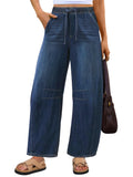 ANRABESS Women Barrel Jeans High Waisted Wide Leg Drawstring Denim Pants Y2K Baggy Loose Fit Trouser Jeans with Pockets Dark Blue X-Large