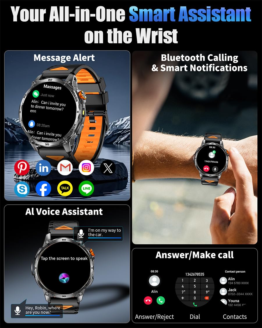 PODOEIL Military Smart Watches for Men,1000mAh/1.7" HD Large Screen Smartwatch, Led Flashlight, Answer/Make Calls,Waterproof,Heart Rate/Sleep Monitor/110+ Sport Modes Fitness Watch for Android/iPhone