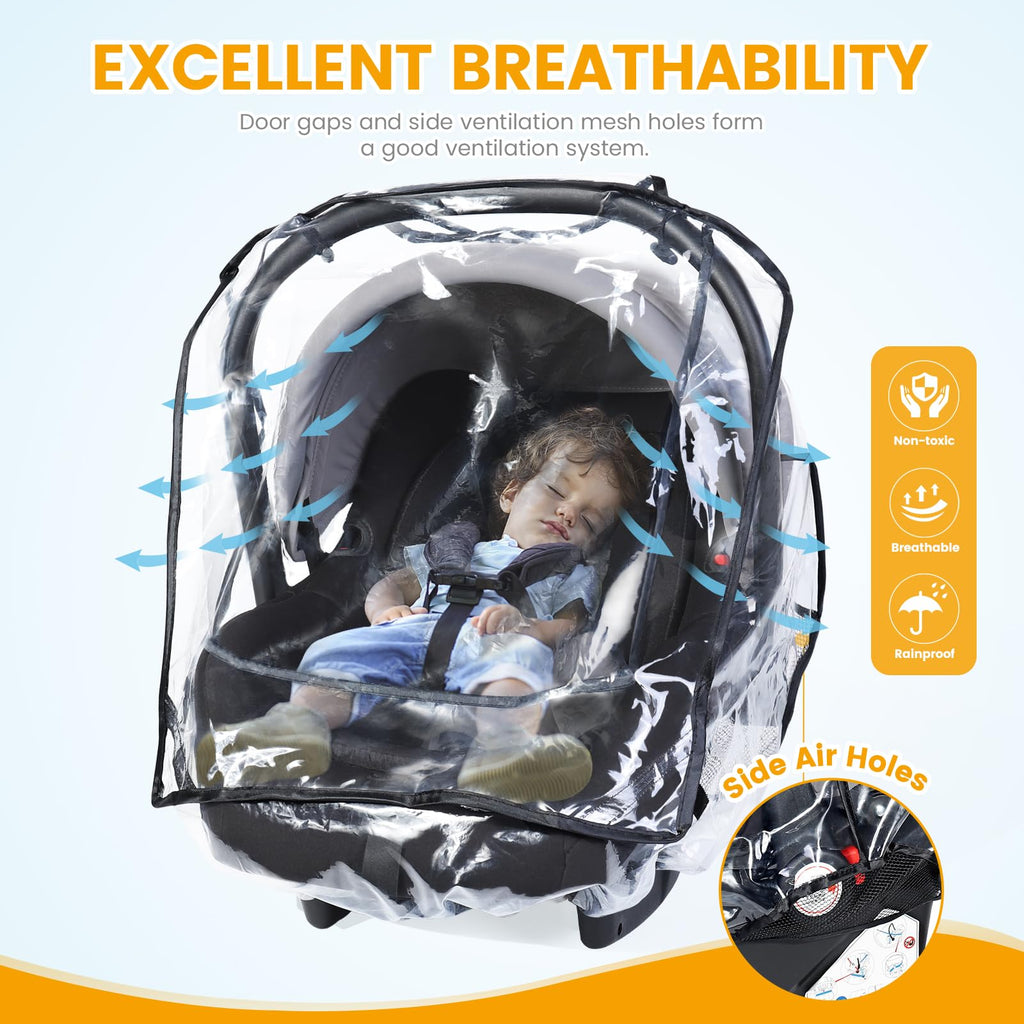 Car Seat Rain Cover Universal, Food Grade EVA, Waterproof Weather Shield for Infant Car Seat with Storage Bag, Baby Car Seat Stroller Rain Cover Features Side Ventilation, Quick-Access Roll-Up Door