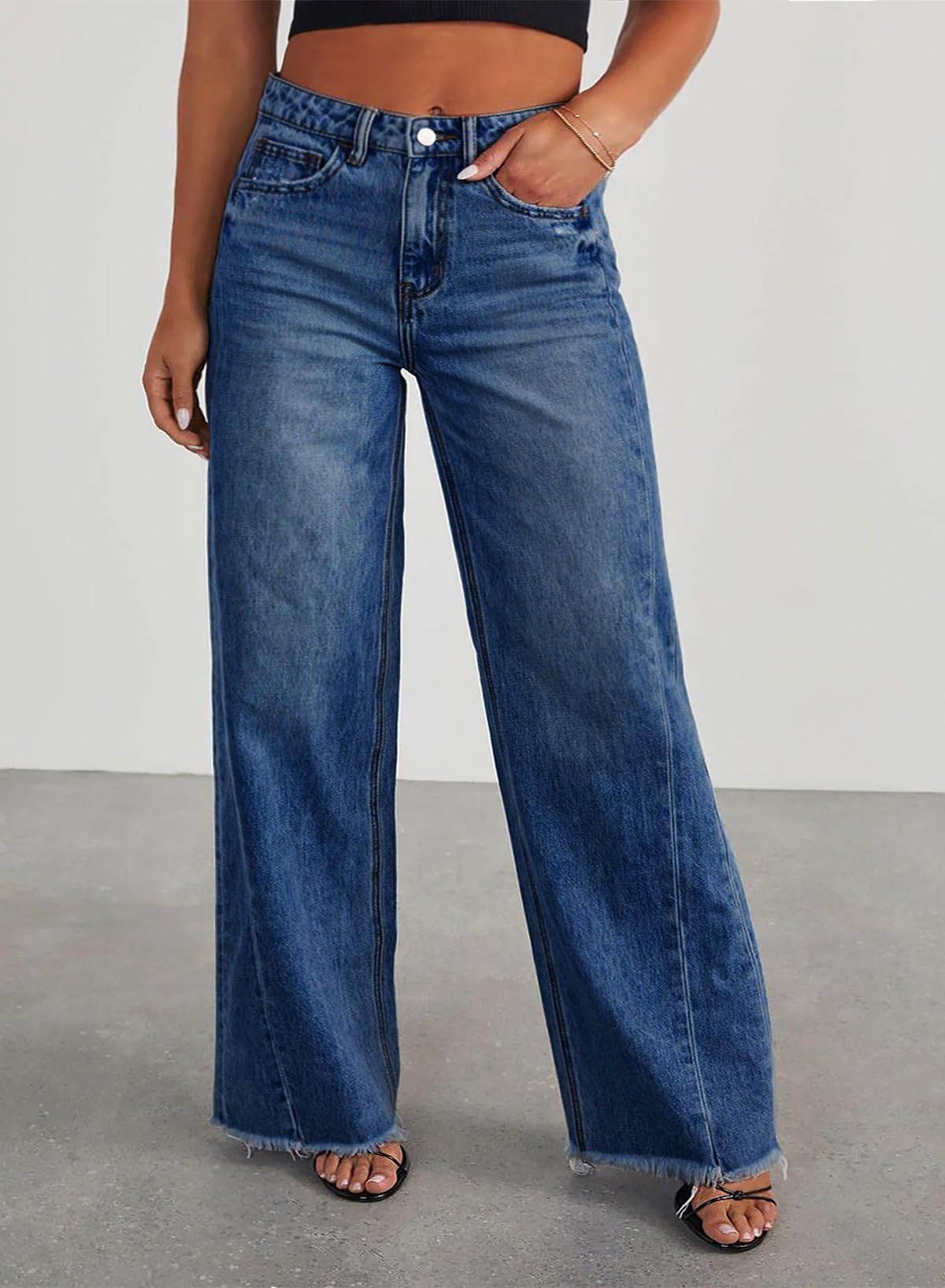 Eytino Womens Plus Size Jeans Stretchy High Waisted Casual Wide Leg Raw Hem Denim Pants with Pockets,3X Bluing