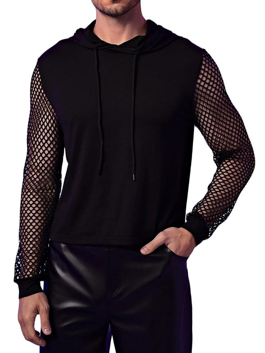 WDIRARA Men's Fishnet Mesh Long Sleeve Drawstring Crop Hoodie Sweatshirt Pullover Black Solid XX-Large