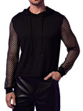 WDIRARA Men's Fishnet Mesh Long Sleeve Drawstring Crop Hoodie Sweatshirt Pullover Black Solid XX-Large