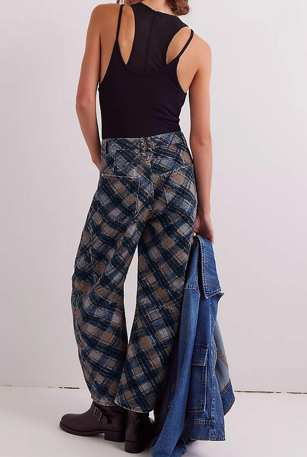 loveimgs Women Boyfriend Baggy Barrel Jeans Floral Print Denim Ankle Pants Wide Leg Mid Rise Jeans Sweatpants Y2k Patchwork (Small,Plaid)
