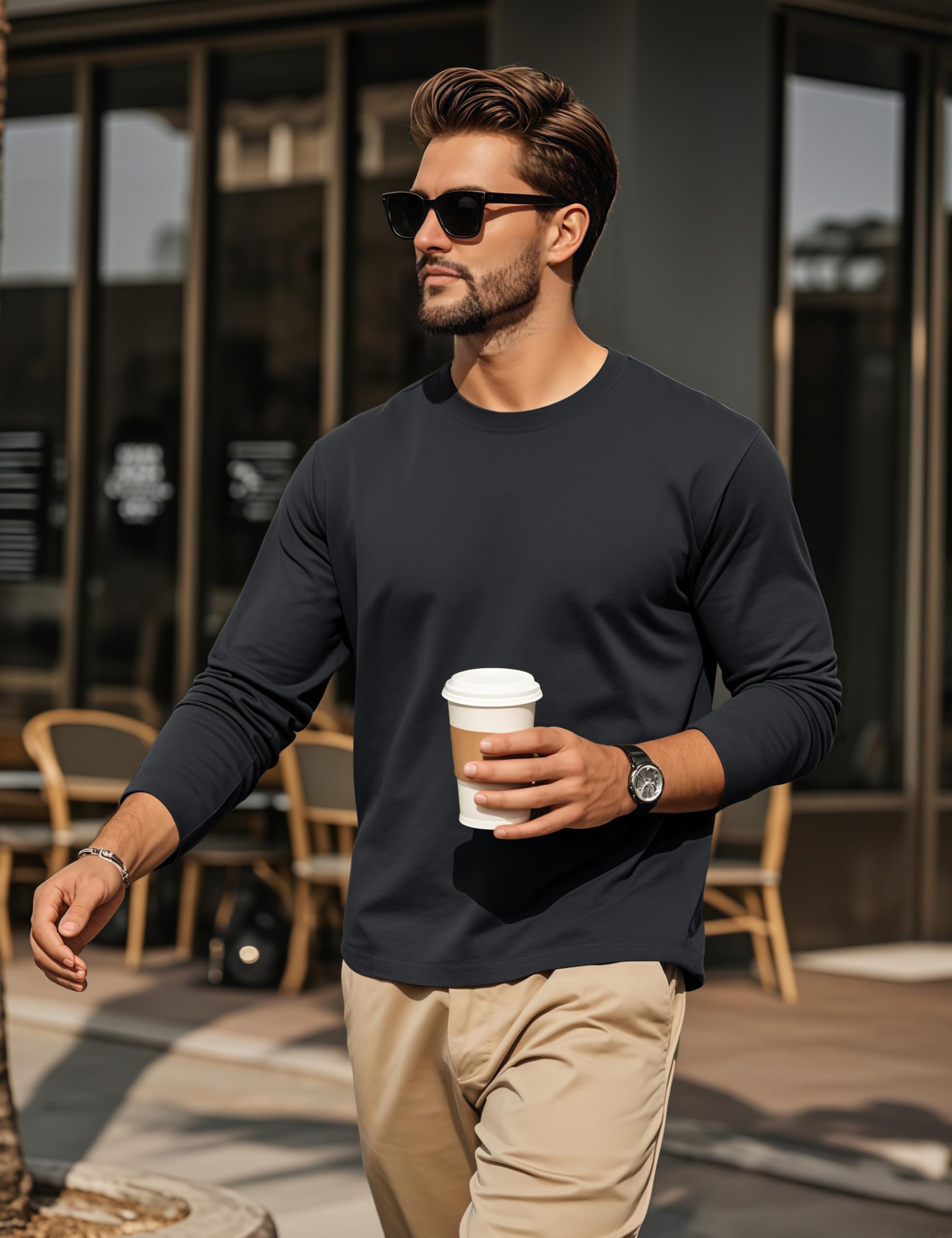 Cotrasen Mens Shirts Casual Stylish Long Sleeve T-Shirts Cotton Crew Neck Moisture Wicking Soft Basic Tee Shirts Mens Fashion Black M