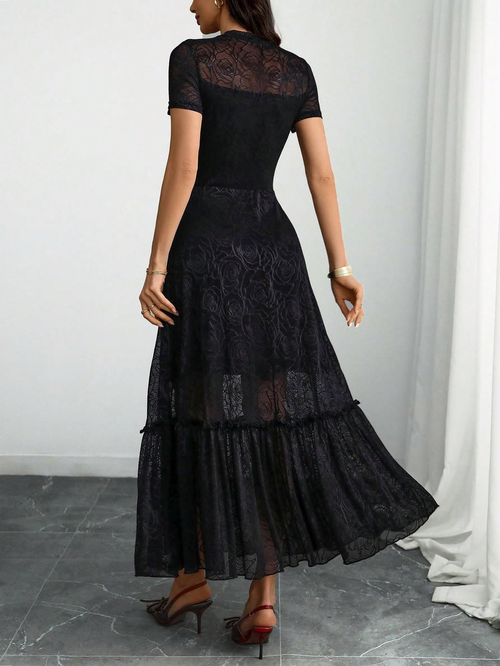 GothDark Womens Elegant Vintage Floral Lace Dress Short Sleeve Double Layer Gothic Midi Wedding Guest Cocktail Dresses Black