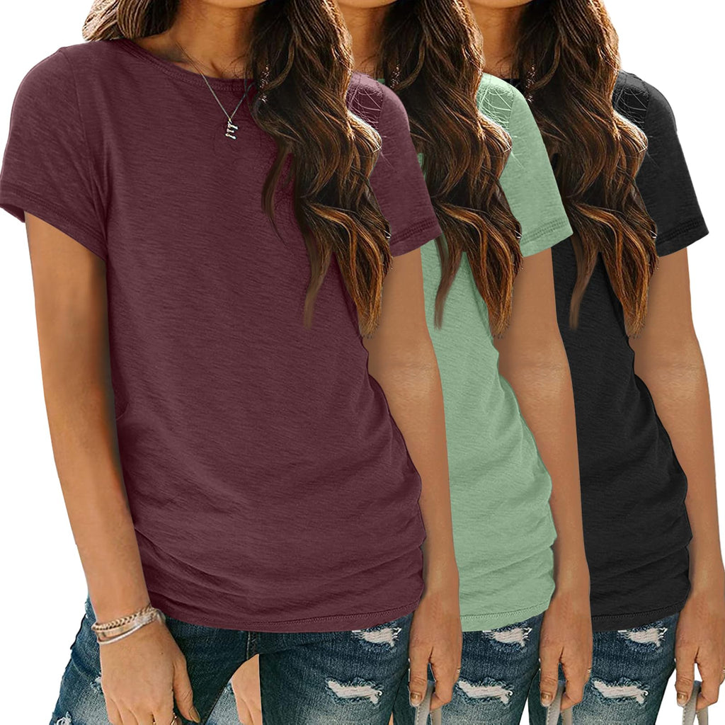 SUNBS Womens Summer Tops Short Sleeve T-Shirts Fashion 3 Pack Basic Tees Comfy Clothes Workout Casual Vacation Outfits 2026 RedGreenBlack L