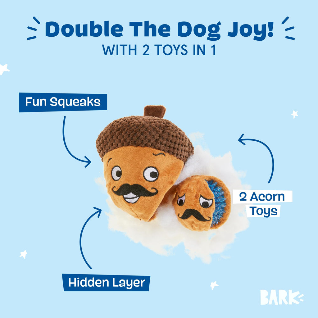 Barkbox Dog Toy 2 in 1 Interactive, Plush Exterior with Squeaker & Textured Material, Tearable Dog Toy with Squeaky Spikey Ball Inside, Ideal for Toy Destroyers - Monsieur Acorn, Large