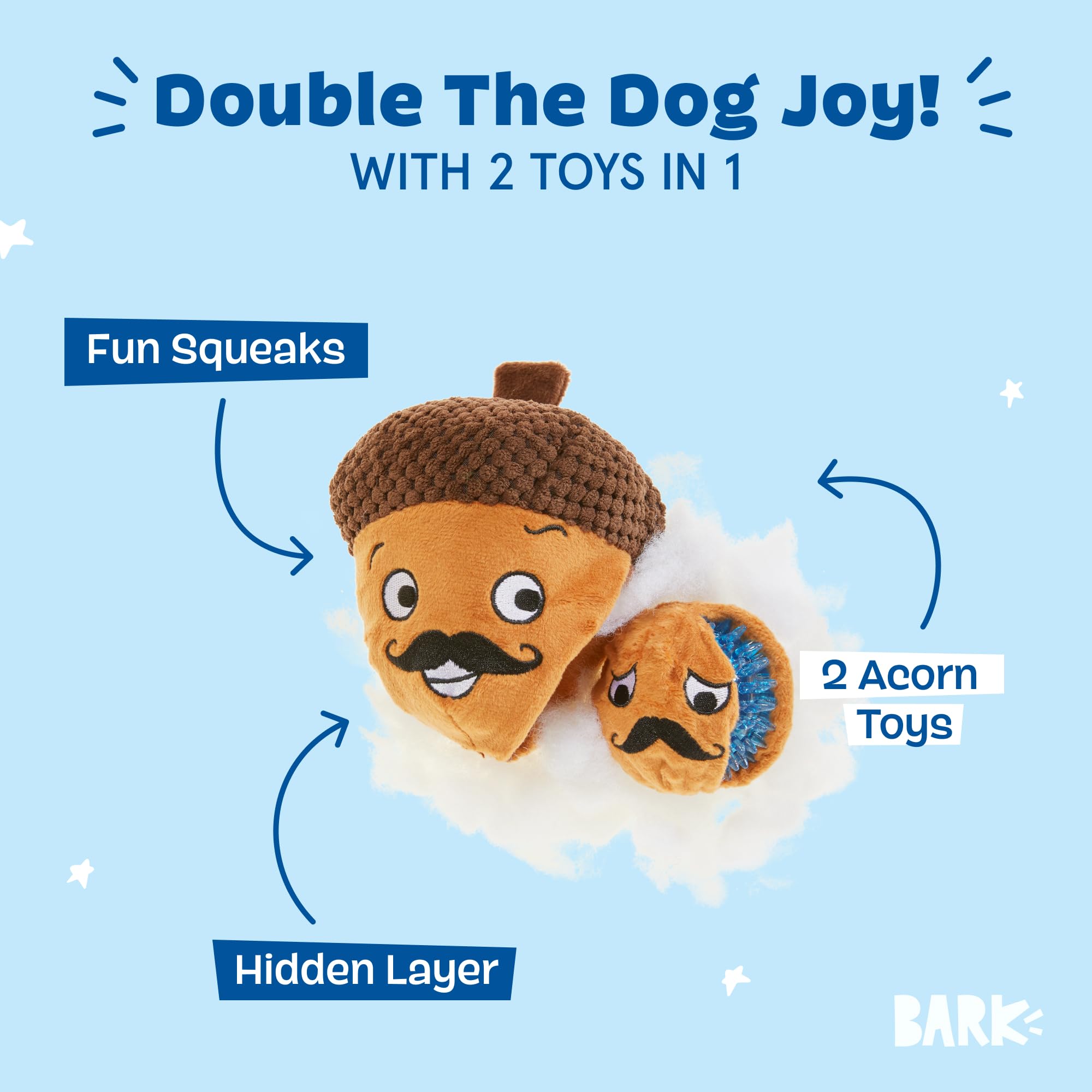 Barkbox Dog Toy 2 in 1 Interactive, Plush Exterior with Squeaker & Textured Material, Tearable Dog Toy with Squeaky Spikey Ball Inside, Ideal for Toy Destroyers - Monsieur Acorn, Large