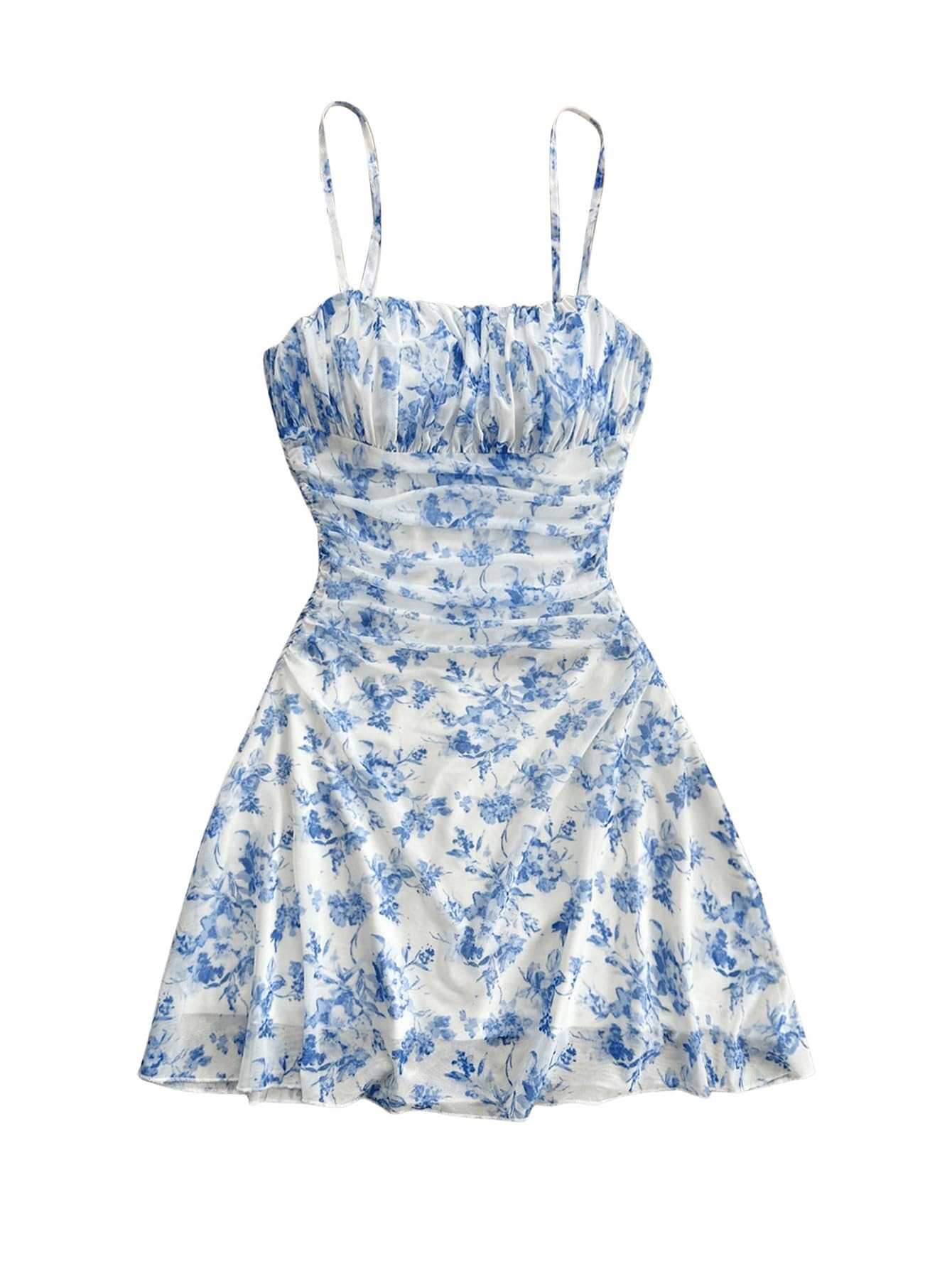 WDIRARA Women's Floral Print Ruched Cami Dress Spaghetti Strap Ruffle Hem Mesh Mini Dress Blue and White X-Small