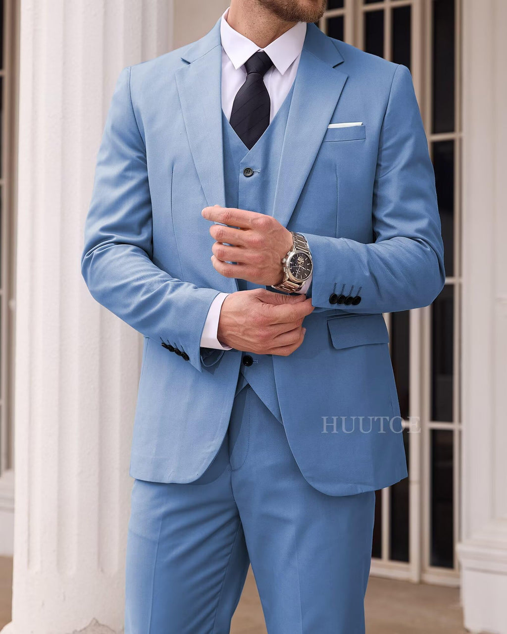 HUUTOE Dusty Blue Suits for Men Slim Fit Prom Wedding Business Party Tuxedo Blazer Vest and Pants Set Size Medium