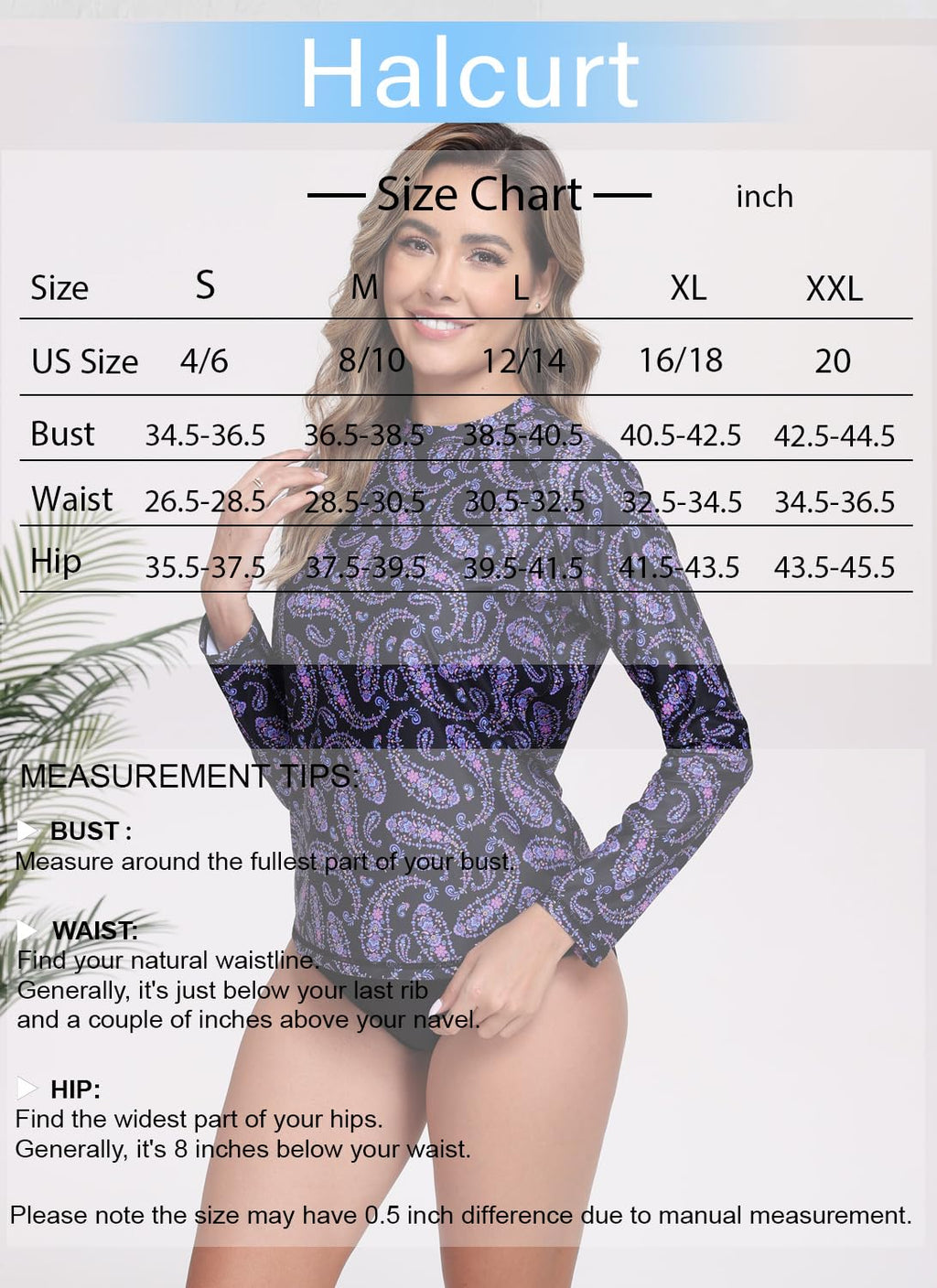 Halcurt Women's Long Sleeve Rash Guard Swim Shirts Quick Dry UPF50+ UV Sun Protection Swimsuit Top Black Purple Paisley M