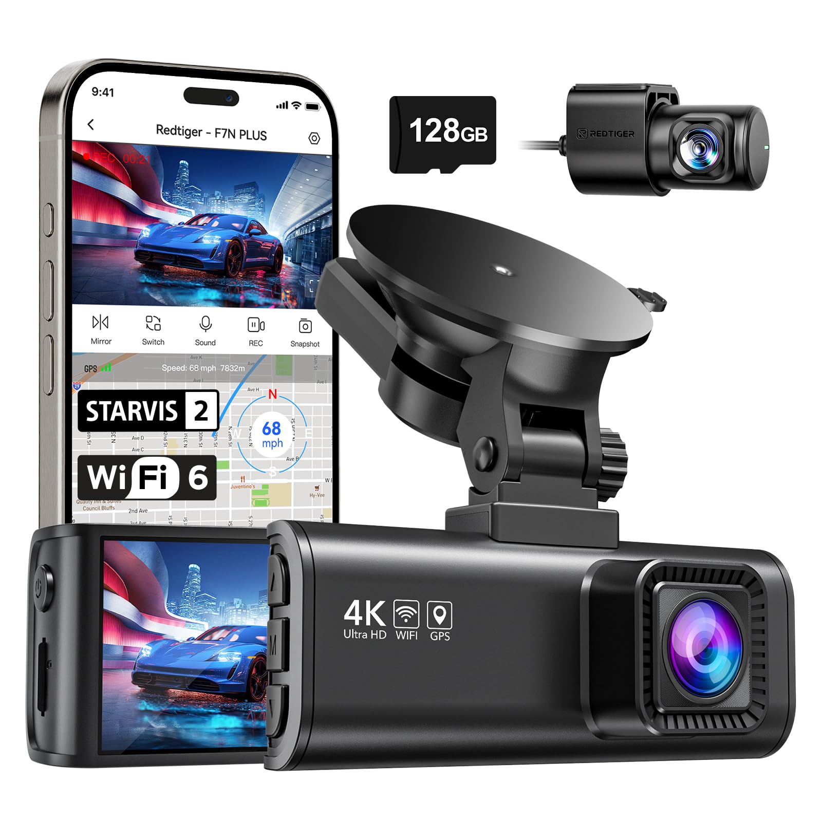 REDTIGER 4K Dash Cam Front Rear, STARVIS 2 Sensor, Free Card Included, 5.8GHz WiFi-20MB/s Fast Download, Dash Camera for Cars with GPS, WDR Night Vision, 170°Wide Angle, 24H Parking Mode(F7NP)