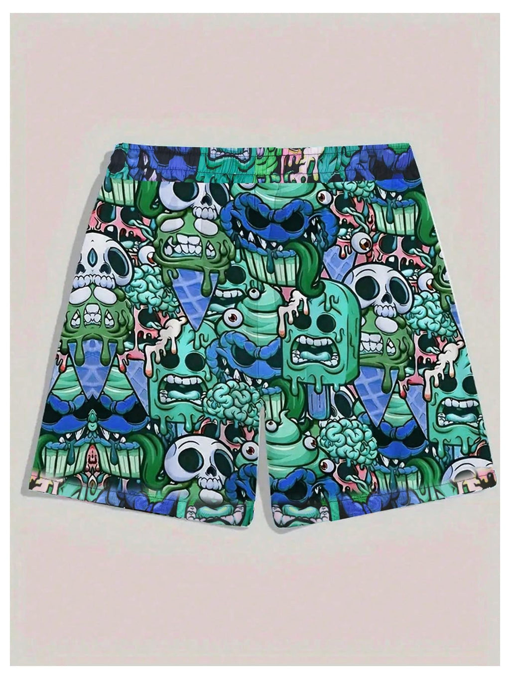 WDIRARA Men's Cartoon Skull Print Swim Trunks Drawstring Elastic Waist Beach Shorts Green Medium