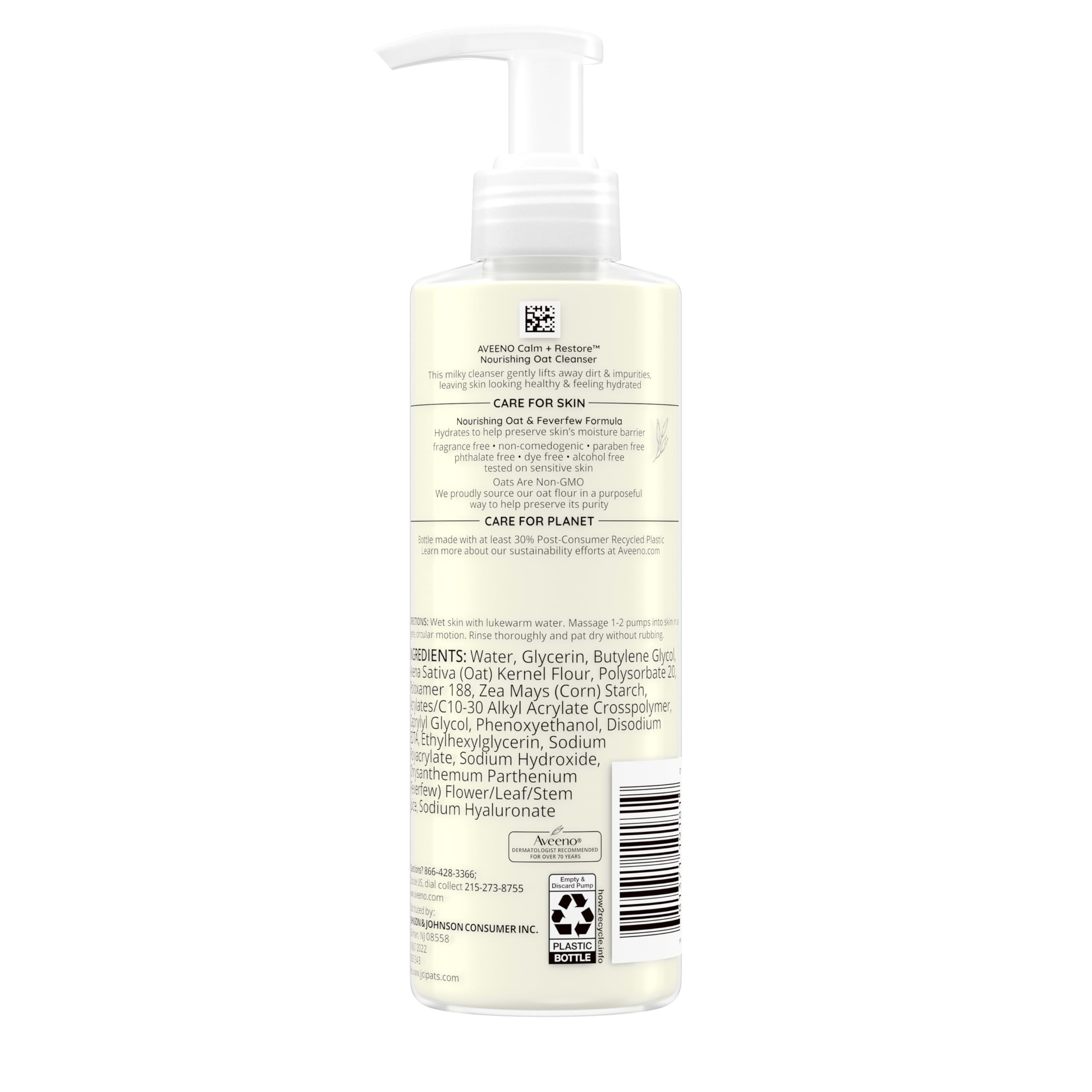 Aveeno Calm + Restore Nourishing Oat Cleanser, Daily Hydrating Facial Cleanser & Face Wash for Sensitive Skin, Non-Foaming, Hypoallergenic, Non-Comedogenic, Fragrance-Free, with Feverfew, 7.8 fl oz
