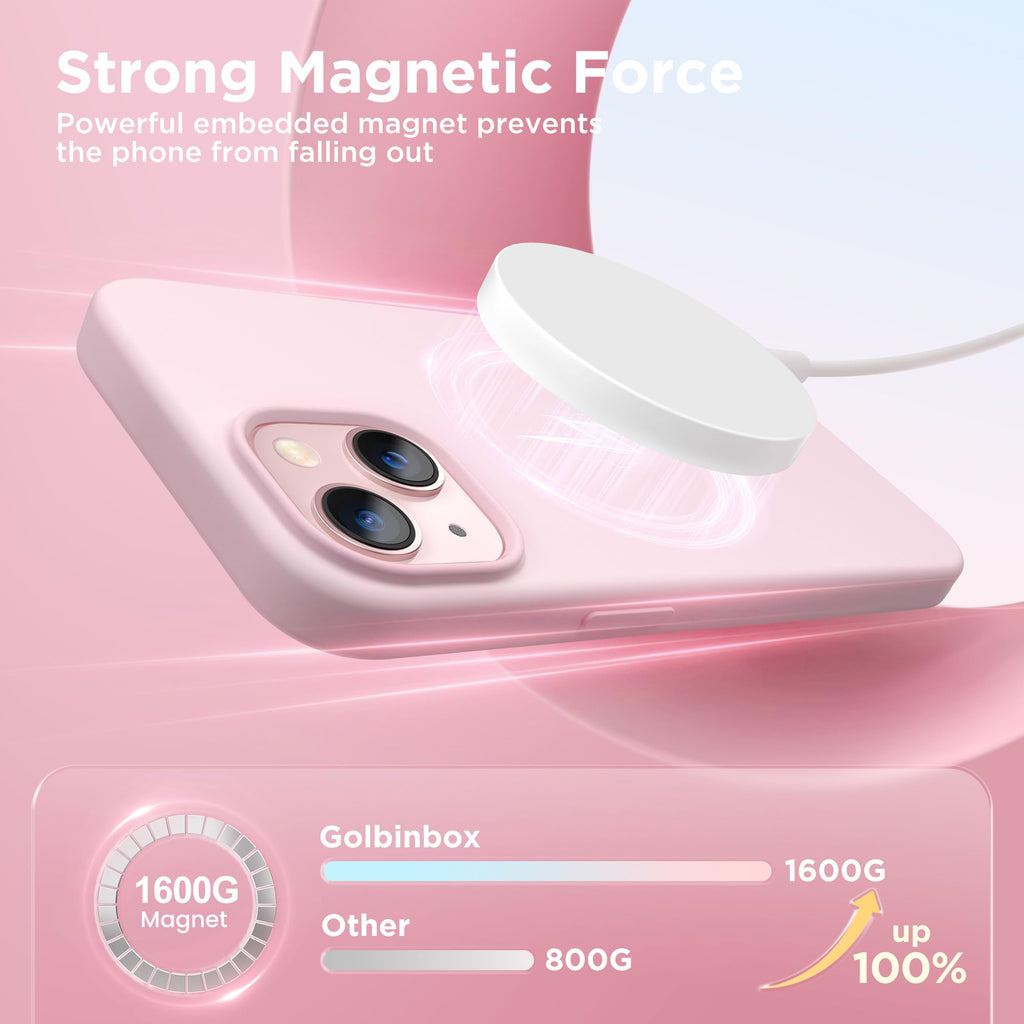 GolbinBox Magnetic for iPhone 13 Case & iPhone 14 Case, Compatible with MagSafe, [Soft Anti-Scratch Microfiber Lining], Slim Liquid Silicone Shockproof Protective Phone Case 6.1 inch, Chalk Pink