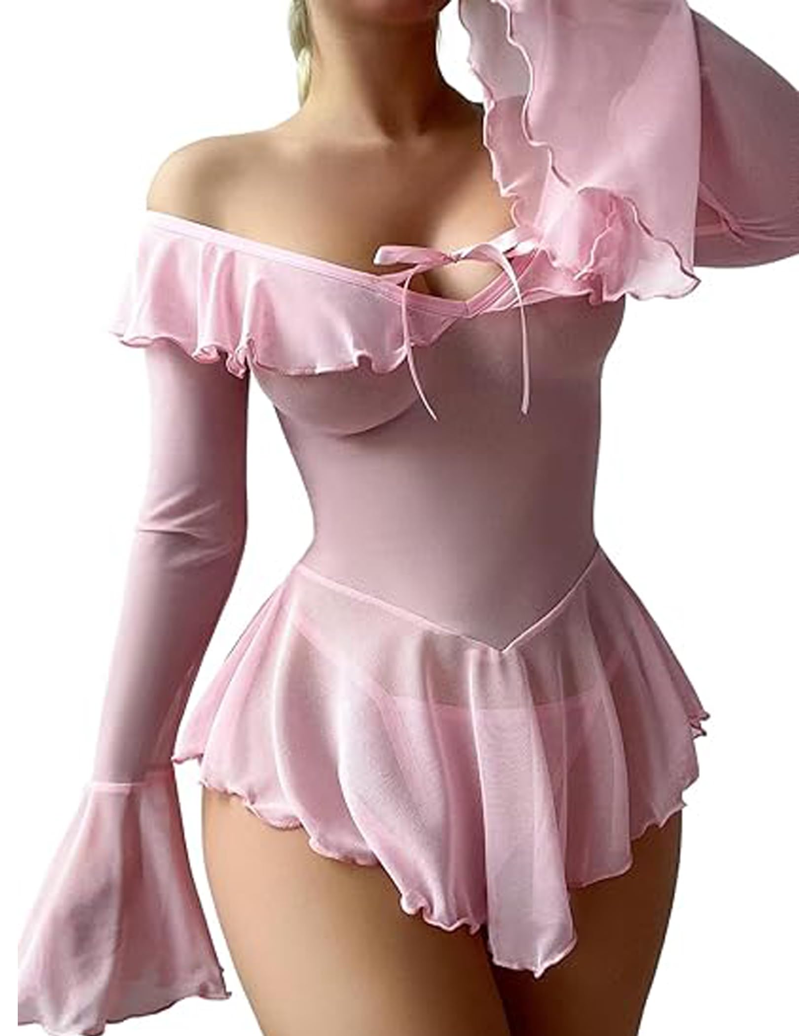 Avidlove Women Lingerie Mesh Babydoll Long Sleeve Lingerie For Women Sexy Outfits For Women (Pink, XX-Large)