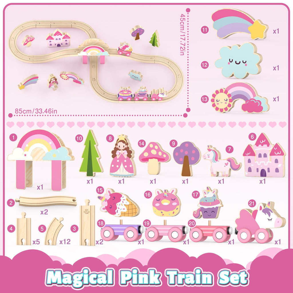 Lehoo Castle Wooden Train Set, Unicorn Train Set for Toddlers 2-4, Wooden Train Track Toddler Girl Toys Pink Train Fantasy Toys for 3 4 5 6 Year Old Girl