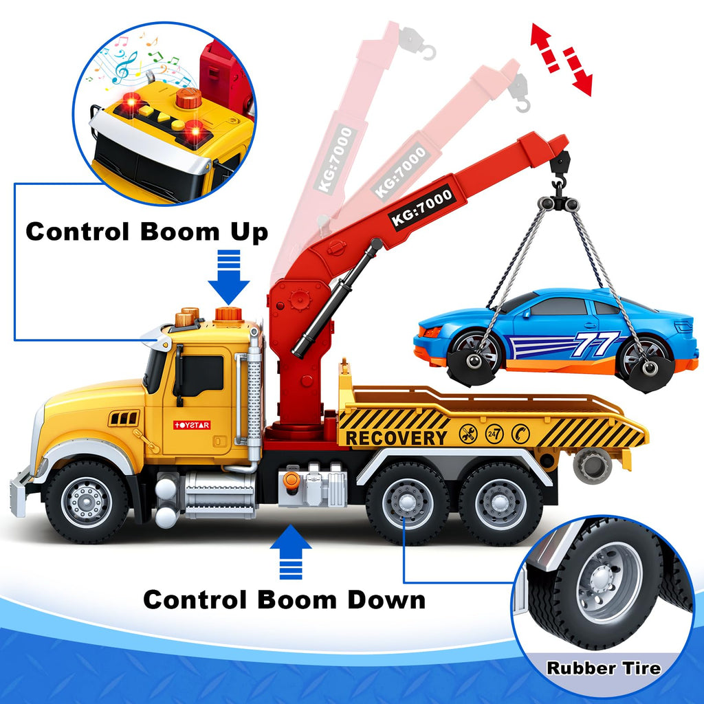 Kids Toys for 3 4 5 6 7 Years Old Boys, 15" Large Tow Truck Toy, Friction Powered Transport Truck Crane Vehicle Toy with Lights and Sounds, Racing Car, Traffic Signs, Birthday Gifts for Boys Girls