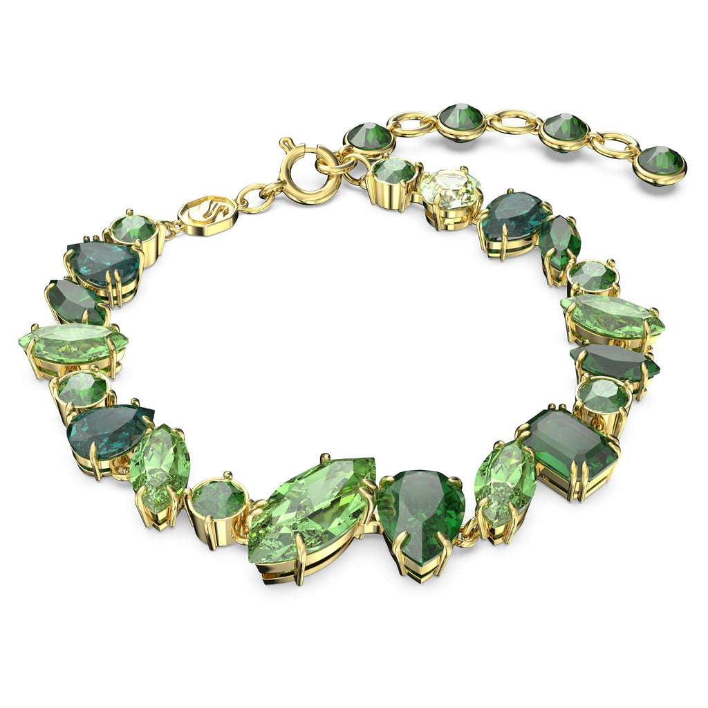 Swarovski Gema Soft Bracelet, Green Crystals, Mixed Cuts, on Gold-Tone Finished Band, Part of the Swarovski Gema Collection