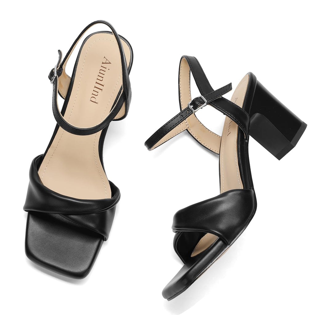 AIUNIIND Block Heels Sandals for Women Square Open Toe Comfort Short Heel Dressy Summer Prom Wedding Party Dress Sandals Shoes Black Size 9