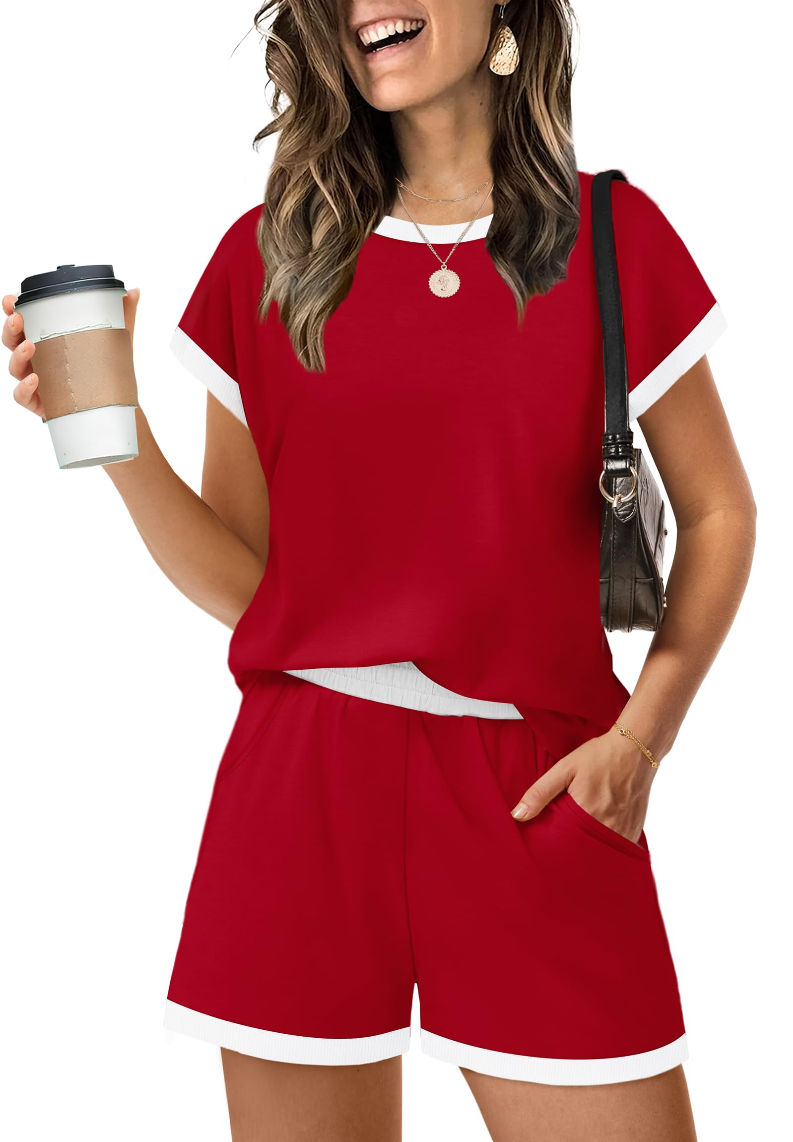 Red Christmas Pajamas Lounge Sets for Women 2 Piece Short Sets for Women Summer Business Casual Travel Comfiest Airport Outfits Beach Vacation Clothes Matching Clothing Fashion Workout Cute Trendy