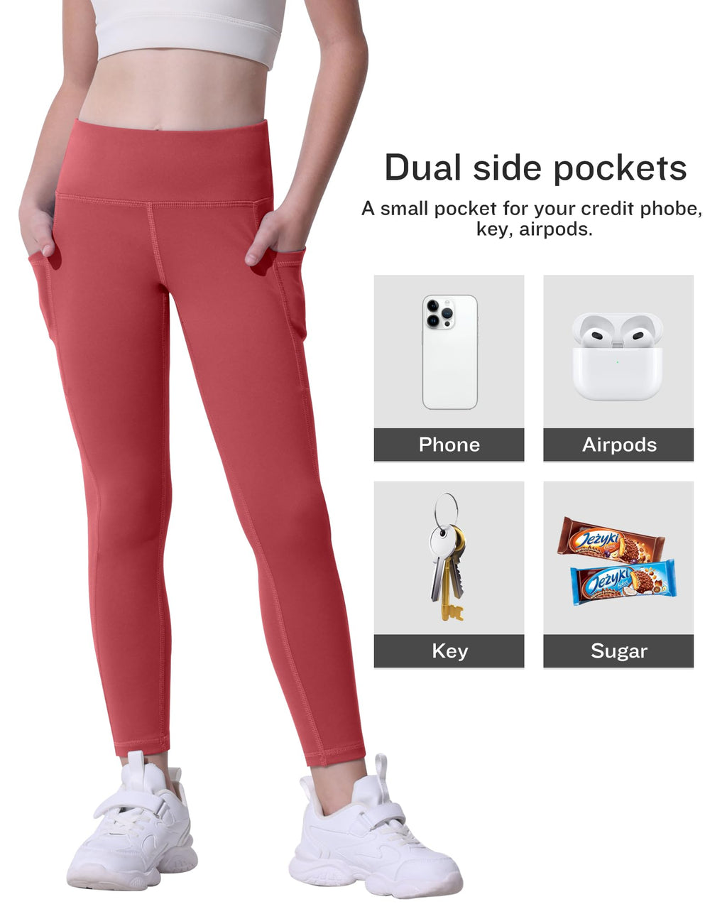 CHRLEISURE Girls' Athletic Leggings with Pockets, 5 Packs Kids Teen Dance Yoga Workout Running Pants for 8-9 Years(BlackGrayRedBlueLGreen, M)