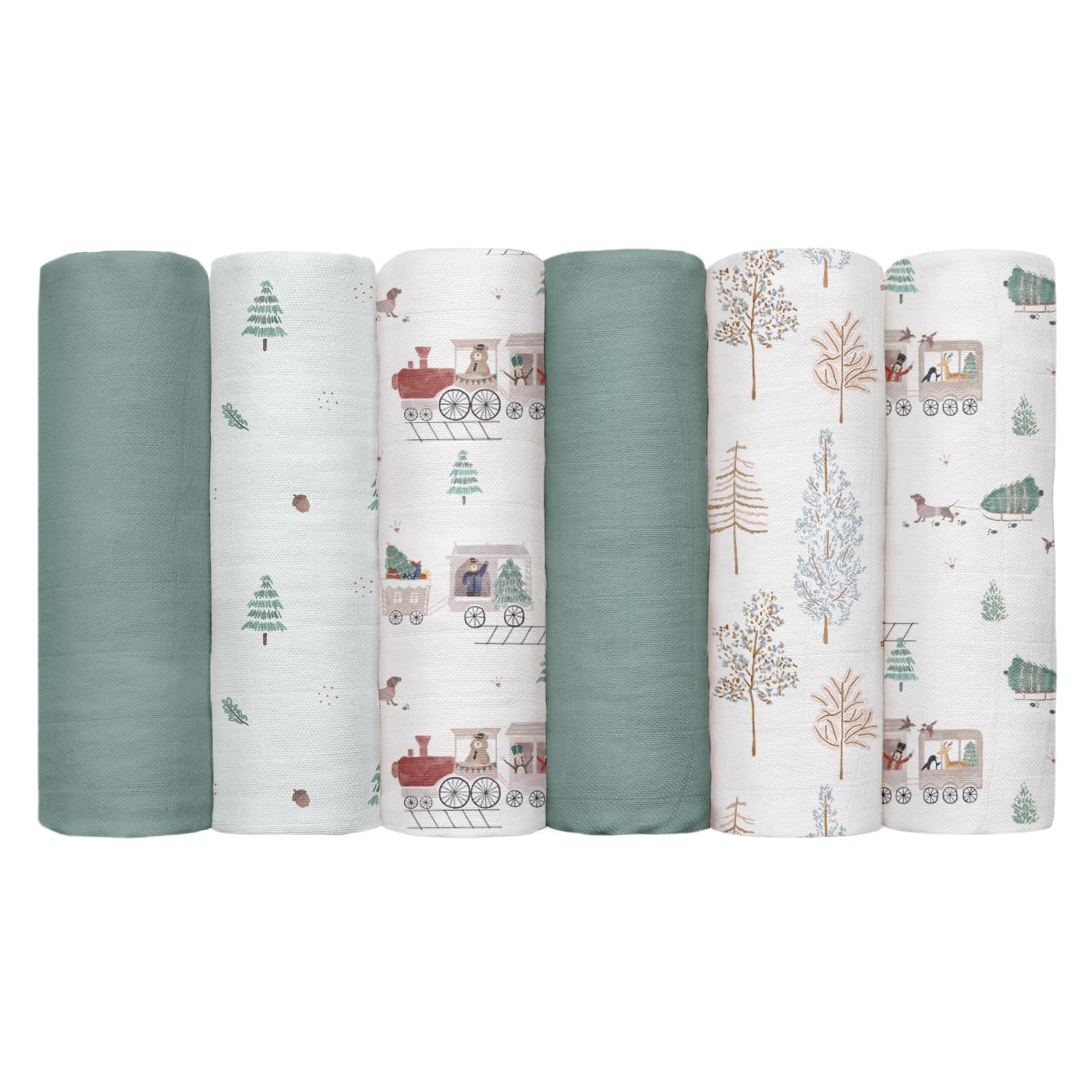 GLLQUEN BABY Receiving Blanket Boy Cotton Muslin Swaddle Blankets Girl Newborn Squares Breathable & Soft Thin Baby Blankets Cloths Double Absorbent Infant Swaddling Wrap - 6 Pack (Pine Tree & Train)