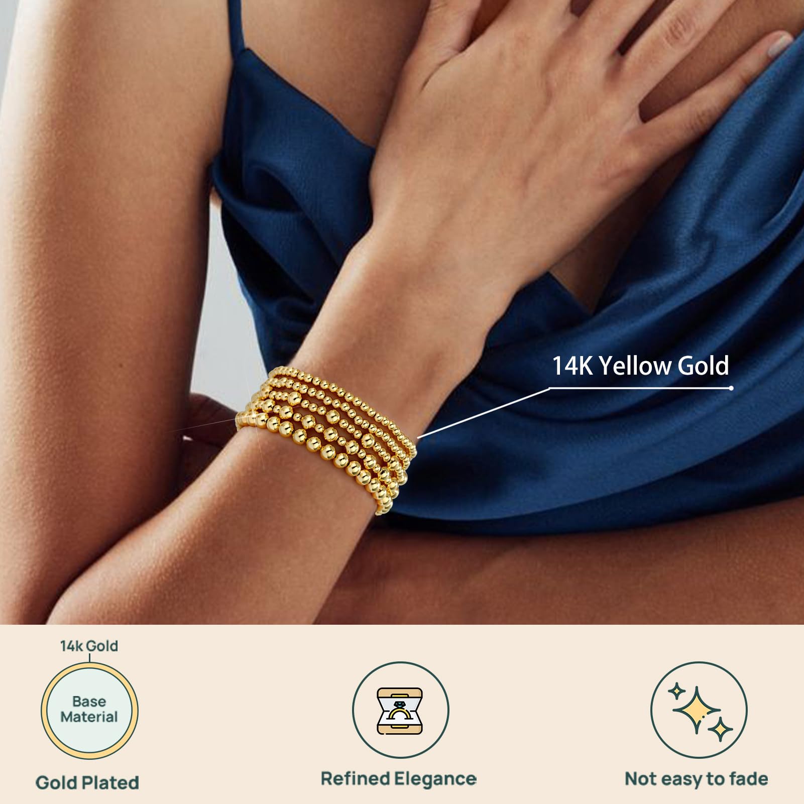 adoyi Gold Bracelets for Women, 14K Gold Plated Beaded Stretch Bracelet Strand Bead Ball Bracelets stack Set Trendy Adjustable Non Tarnish Jewelry Sets for Womens Gifts