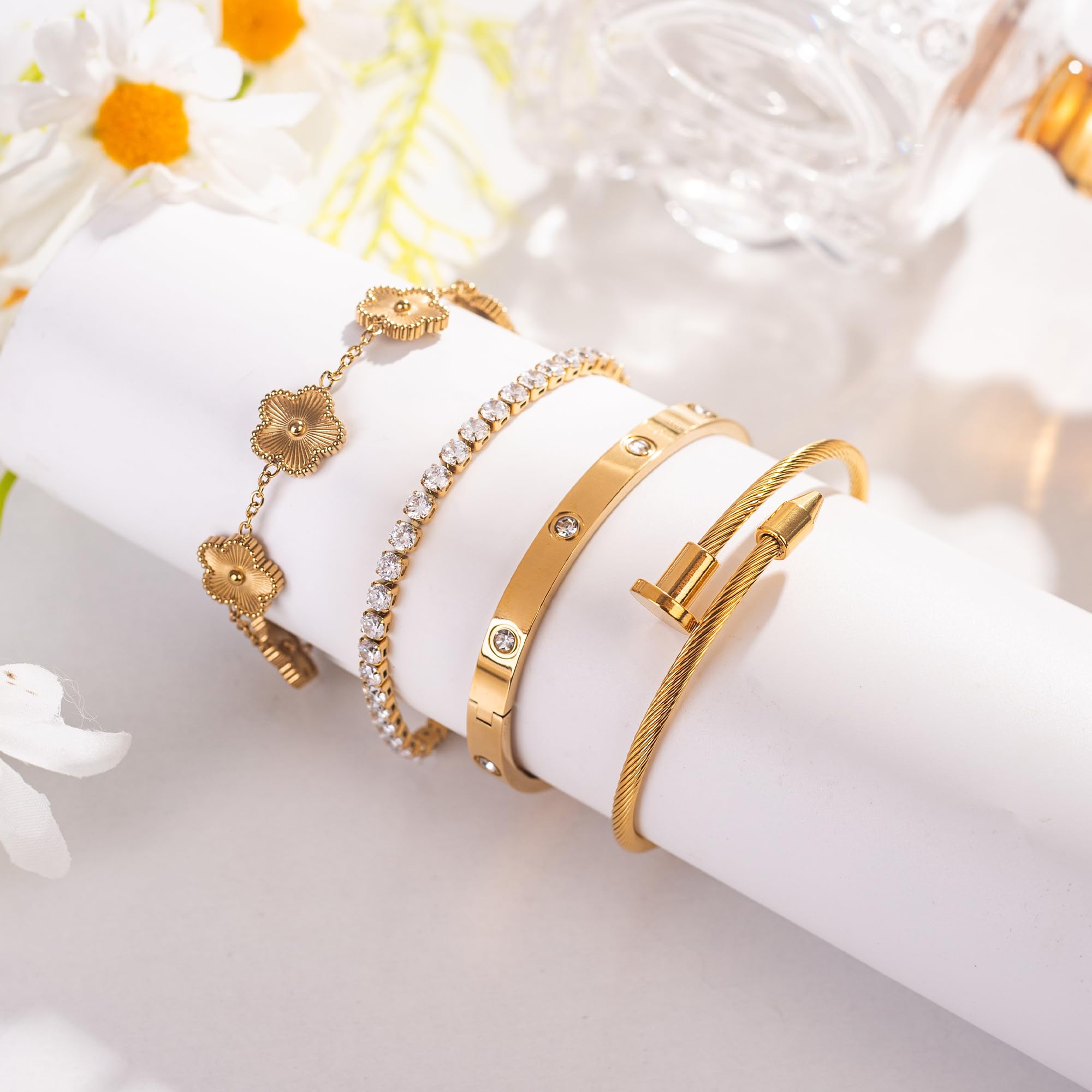 GIVCHO 18K Gold Plated Nail Love Bangle Bracelet Set for Women Stackable Floral Clover Adjustable Tennis Bracelet Non Tarnish Gift Jewelry for Christmas Valentines Birthday Mother's Day