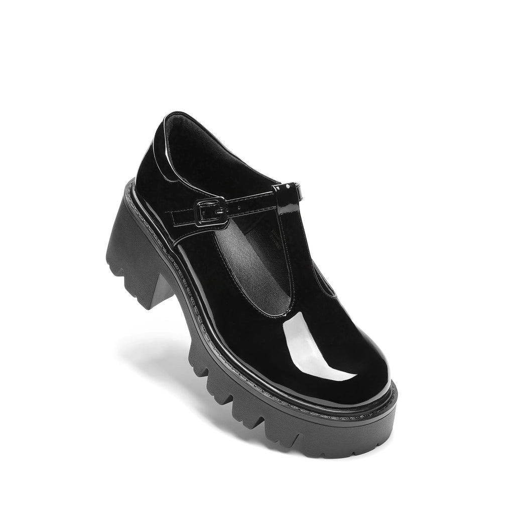 DREAM PAIRS Women's T-Strap Mary Jane Shoes Low Platform Chunky Block Heels Closed Toe Work Pumps Comfortable Round Toe Dress Wedding Party Shoes,Size 7.5,Black-Pat,DWUMPU2571