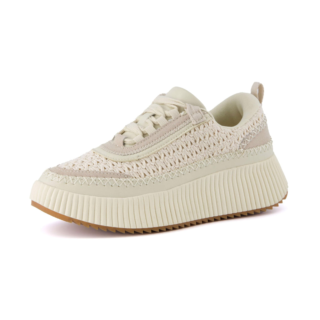 CUSHIONAIRE Women's Loop Lace up Woven Platform Sneaker +Comfort Foam, Wide Widths Available, Beige 8 W
