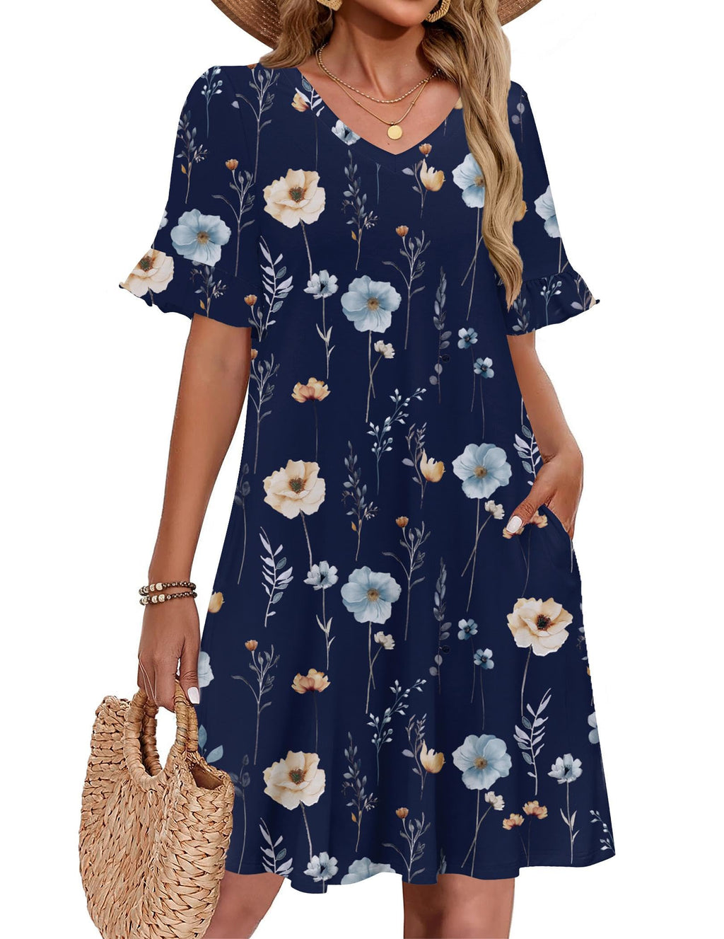 Zeagoo Plus Size V Neck Dress for Women Blue Floral Dress for Women 2026 Aline Dresses with Pockets Womens Short Sleeve T-Shirt Dress XXL