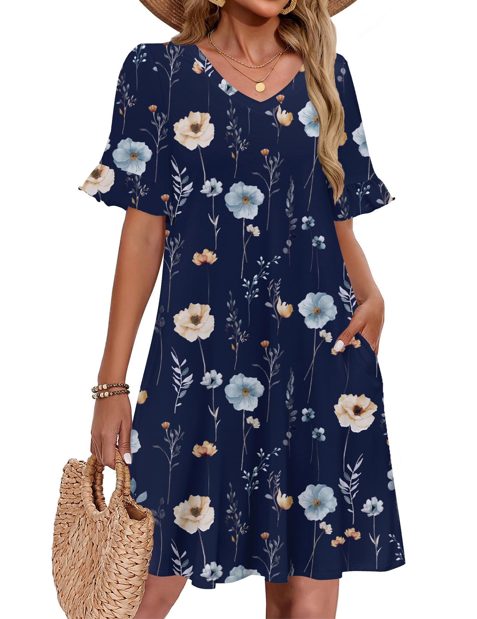 Zeagoo Plus Size V Neck Dress for Women Blue Floral Dress for Women 2026 Aline Dresses with Pockets Womens Short Sleeve T-Shirt Dress XXL