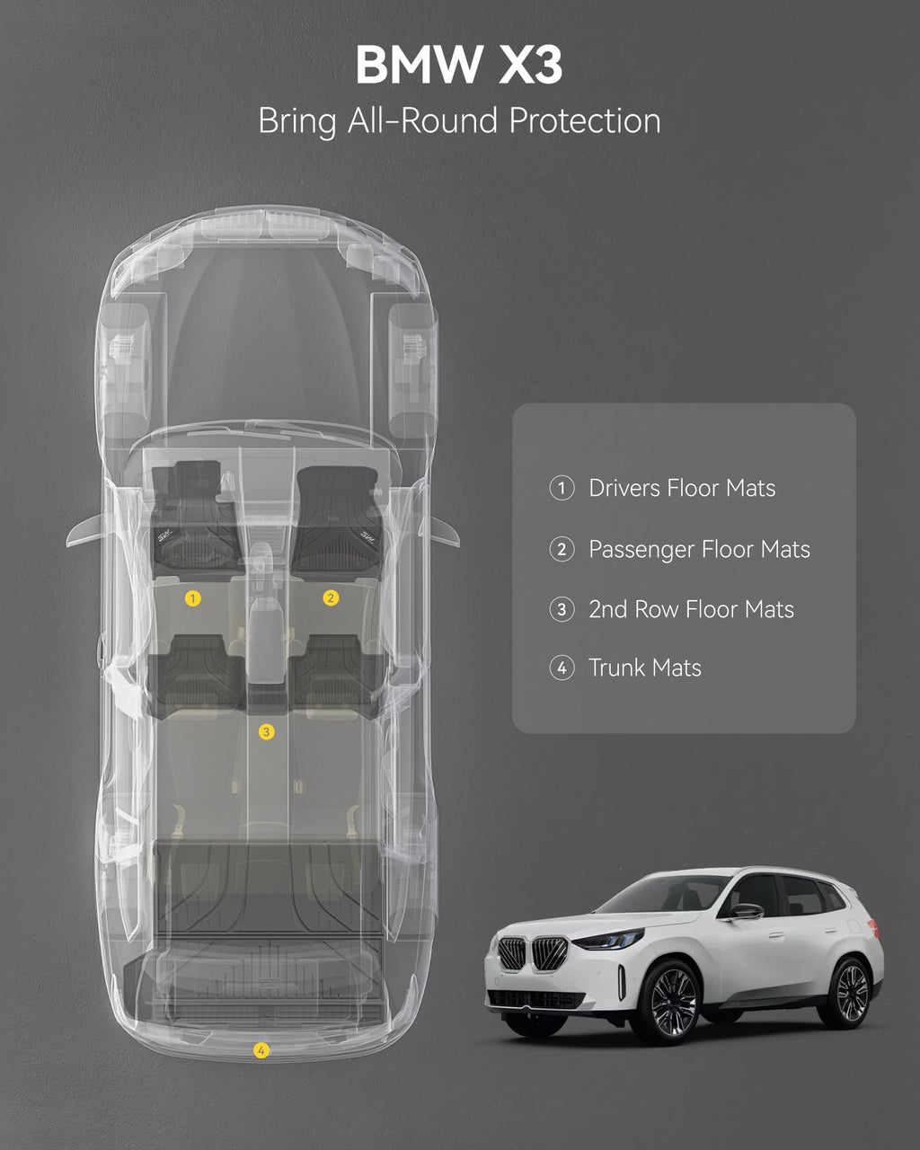 3W Floor Mats & Cargo Liner for BMW X3 G45 2025 2026, Accessories Custom Fit TPE All Weather 1st & 2nd Row Car Mats and Trunk Liners for BMW X3 30/M50 xDrive