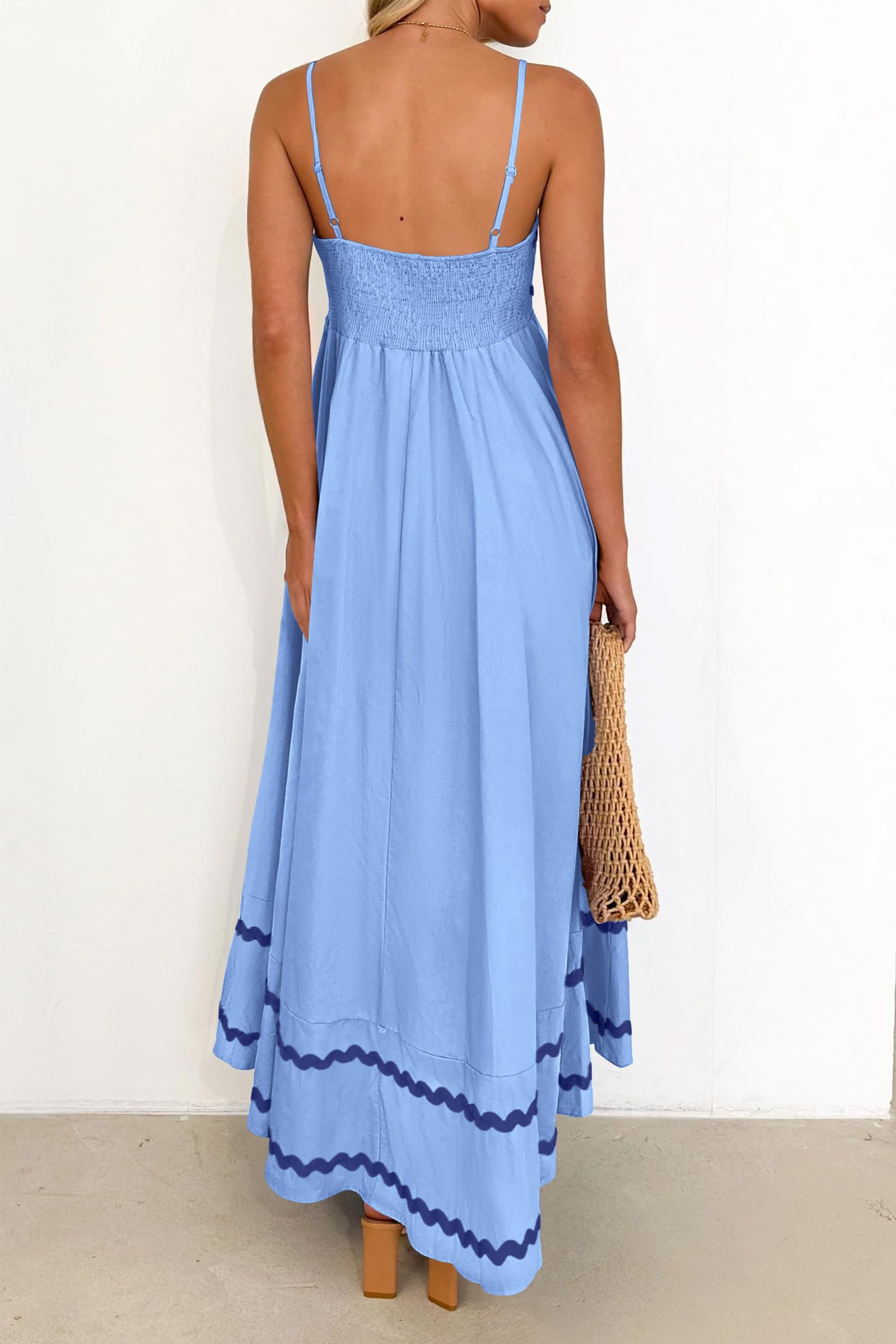 PRETTYGARDEN Women's 2025 Summer Flowy Maxi Dress Casual Sleeveless Spaghetti Strap Ruffle Beach Long Dresses (Light Blue,Large)