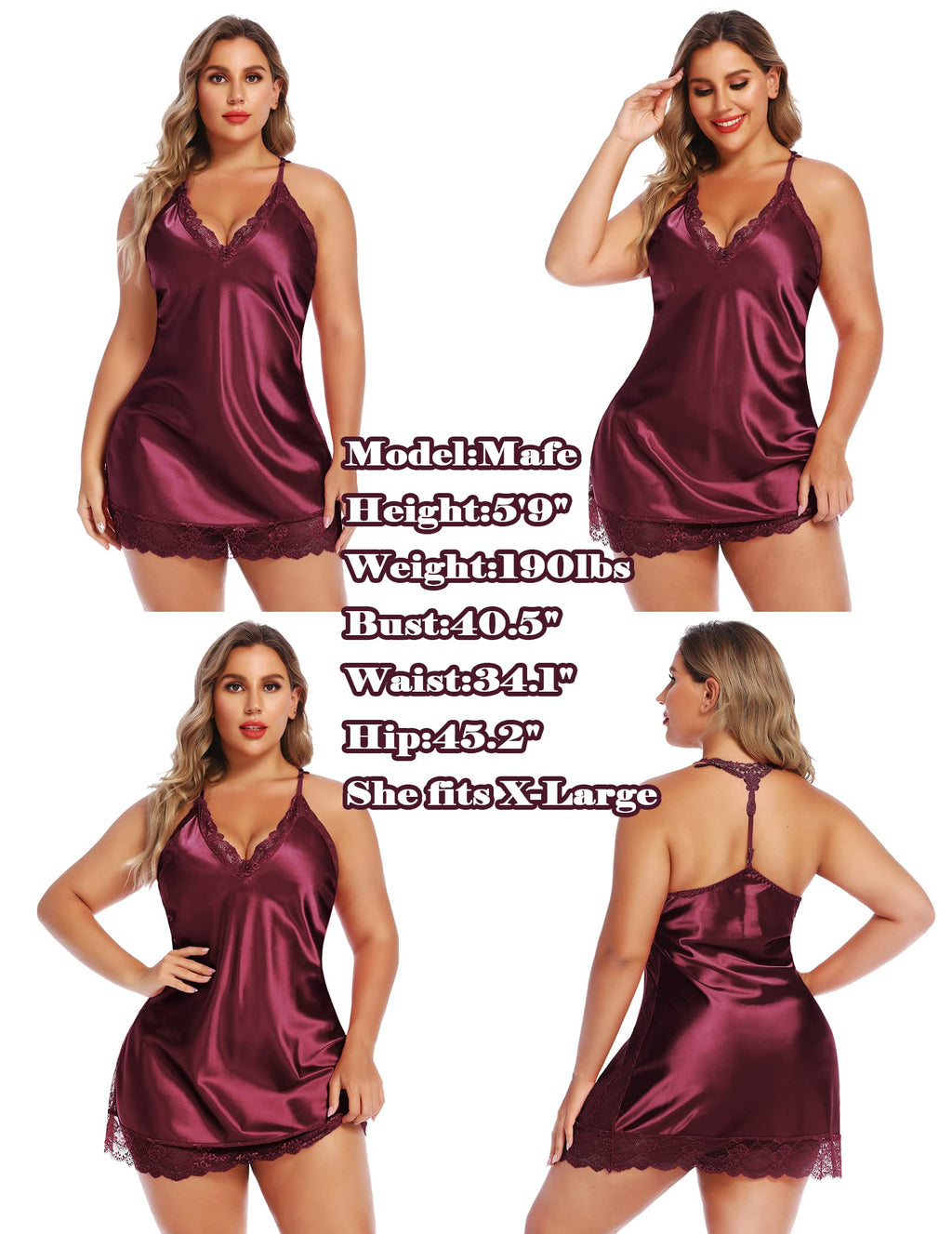 Avidlove Womens Lingerie Satin Lace Chemise Nightgown Nightshirt Full Slips Sleepwear (Dark Red, Medium)
