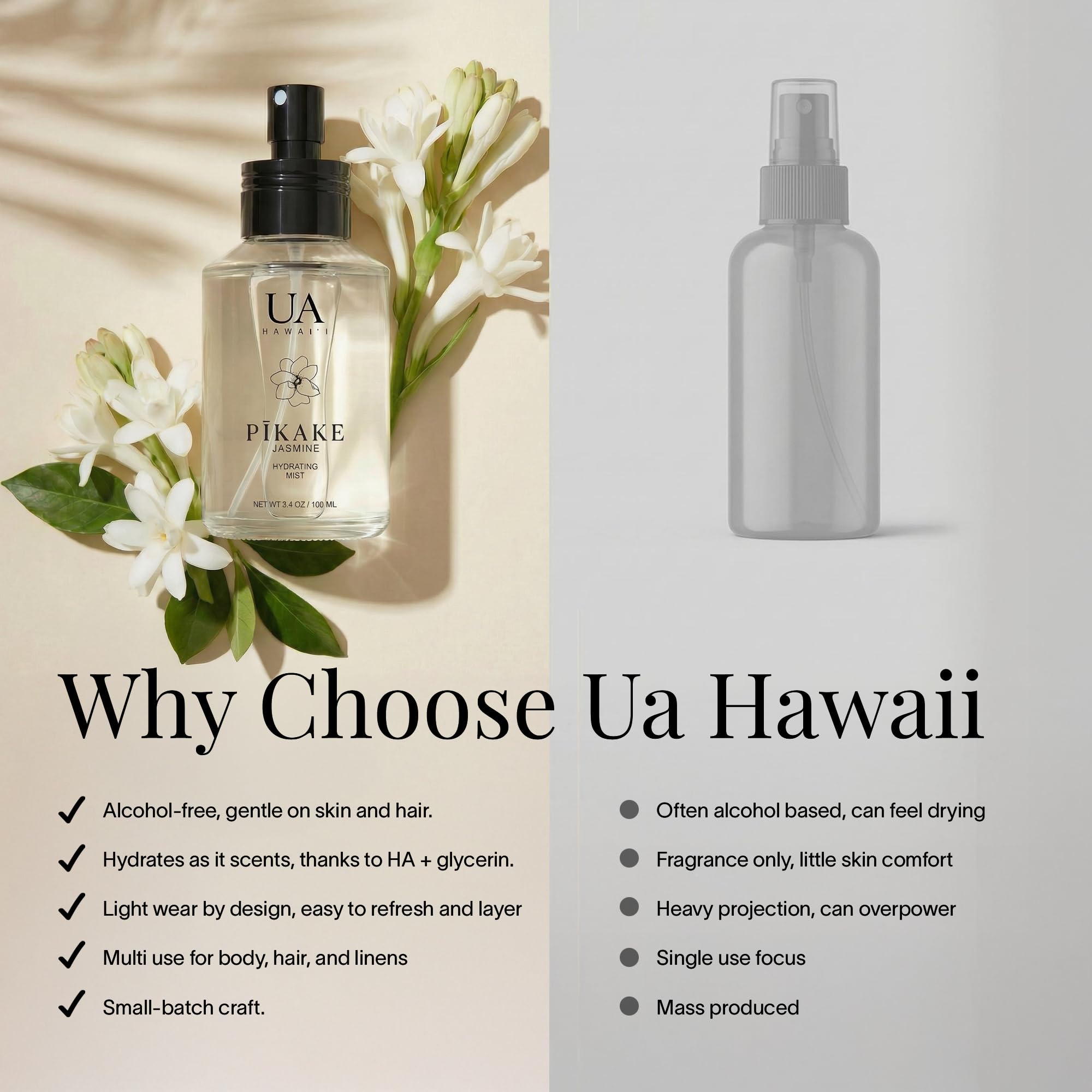 Pikake Body and Hair Mist from Hawaii, Hair Perfume for a Light, Hydrating Refresh, Body Mist for Women and Men, Alcohol-Free, With Moisturizing Hyaluronic Acid & Glycerin, Glass Bottle, 3.4 oz