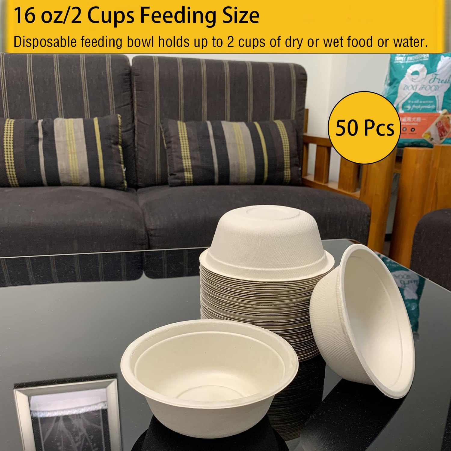 JETKONG 16 oz/2 Cup Disposable Dog Bowls 50pk, 100% Compostable Pets Feeding Bowls Paper Dog Travel Bowls Great for Dry and Wet Dog Food or Water (Natural, Pack of 50)