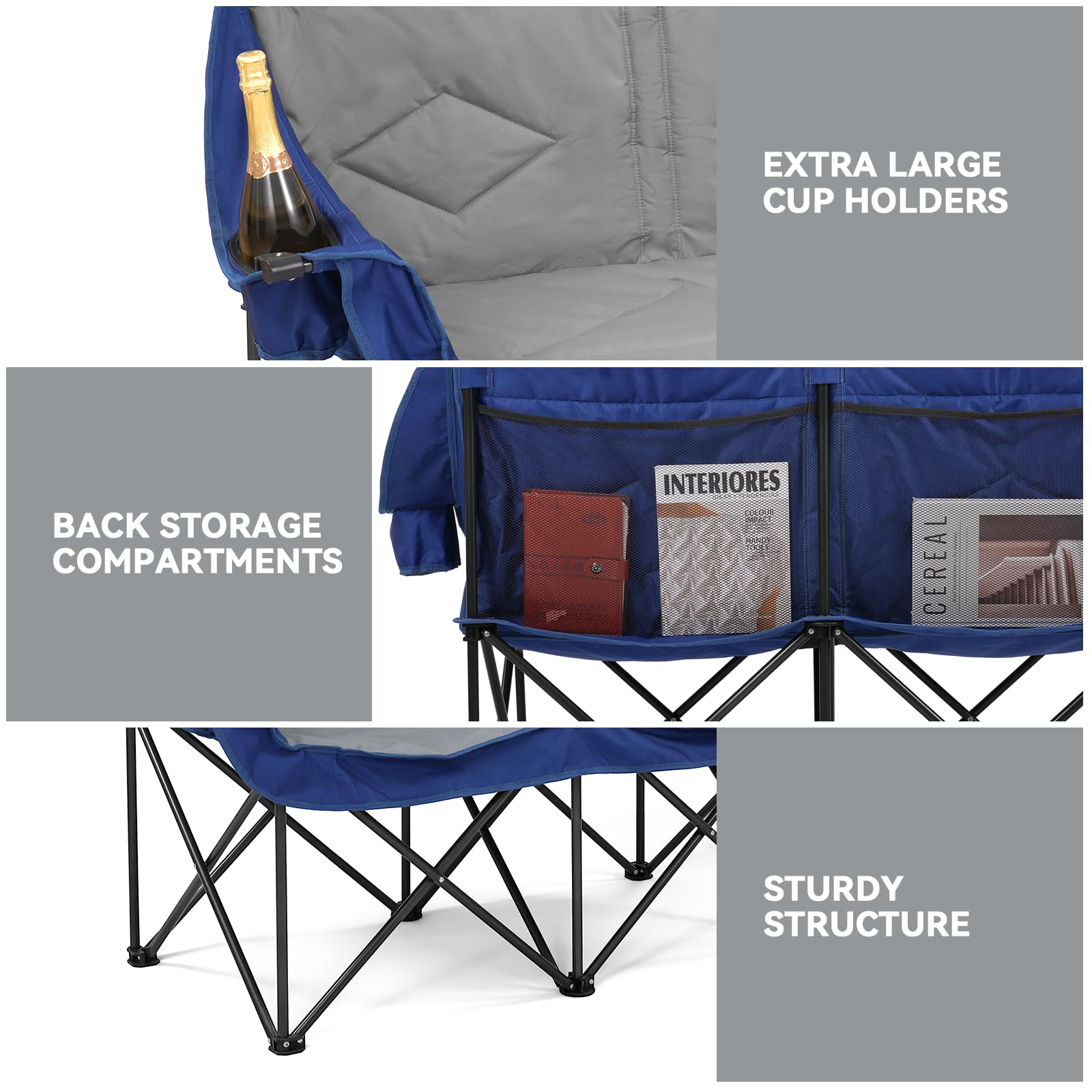 Double Camping Chairs Oversized Loveseat - 2 Person Camping Chair Portable Lawn Folding Chair for Outside Adults - Heavy Duty Outdoor Camping Couch with Cup Hold, Blue