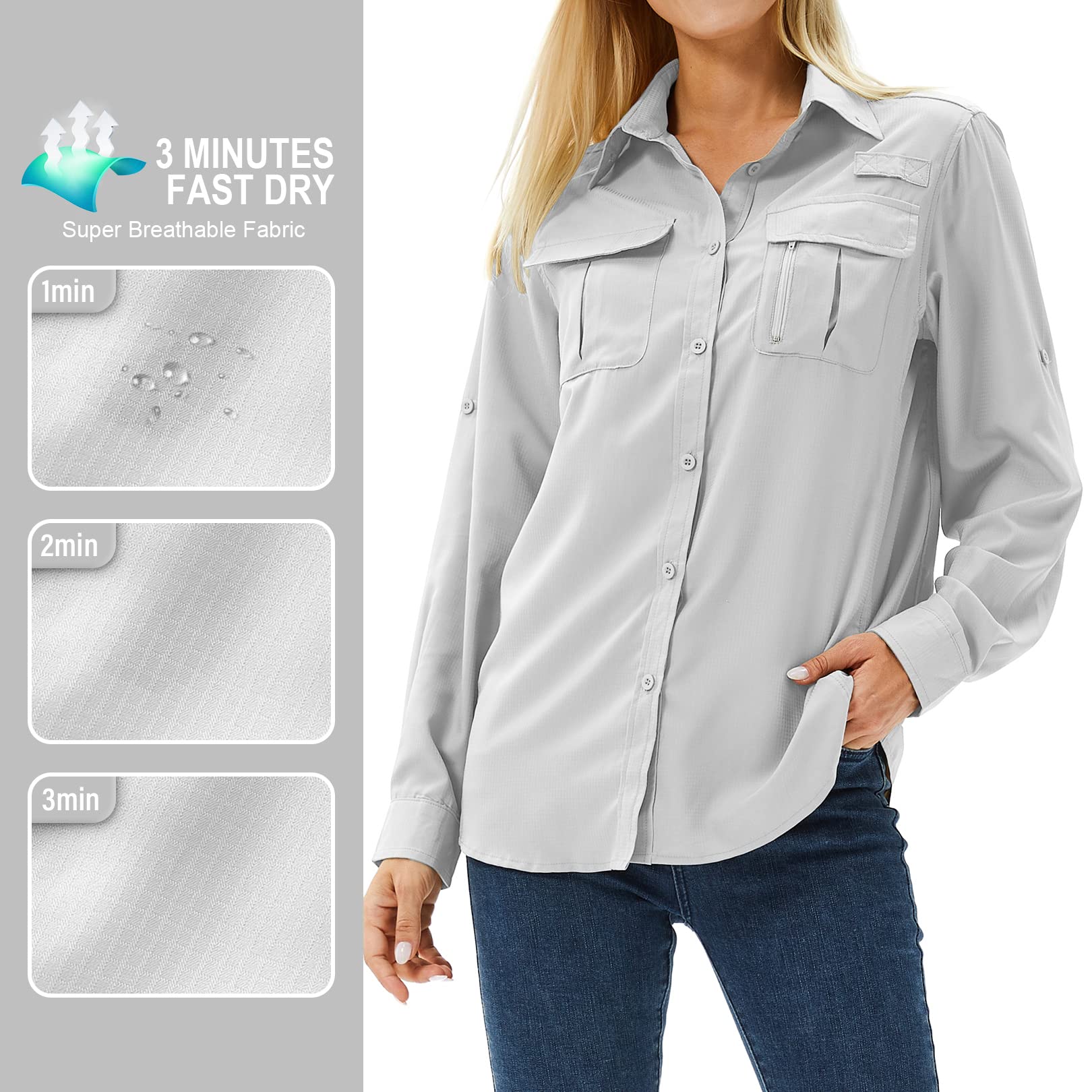 Toumett Women's UPF 50 Long Sleeve UV Sun Protection Safari Shirts Outdoor Quick Dry Fishing Hiking Travel Shirts(5071,Grey,M)