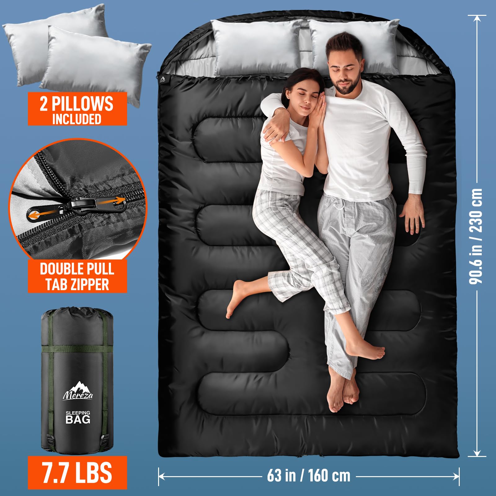 MEREZA Double Sleeping Bag for Adults Mens with Pillow, XL Queen Size Two Person Sleeping Bag for All Season Camping Hiking Backpacking for Cold Weather & Warm Black