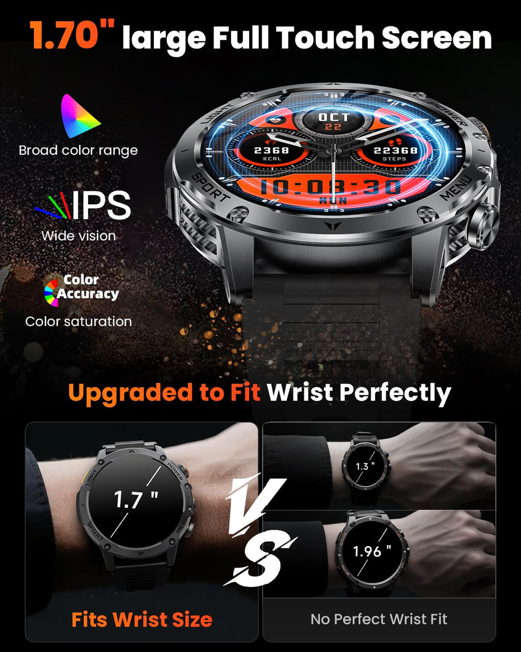 Military Smart Watches for Men, Smart Watch with 1000 mAh Battery/Answer/Dial Calls/Fitness Tracker/Flashlight/Heart Rate/Sleep Monitor/100+ Sports Mode, 1.7″ Waterproof Smartwatch for Android/iPhone