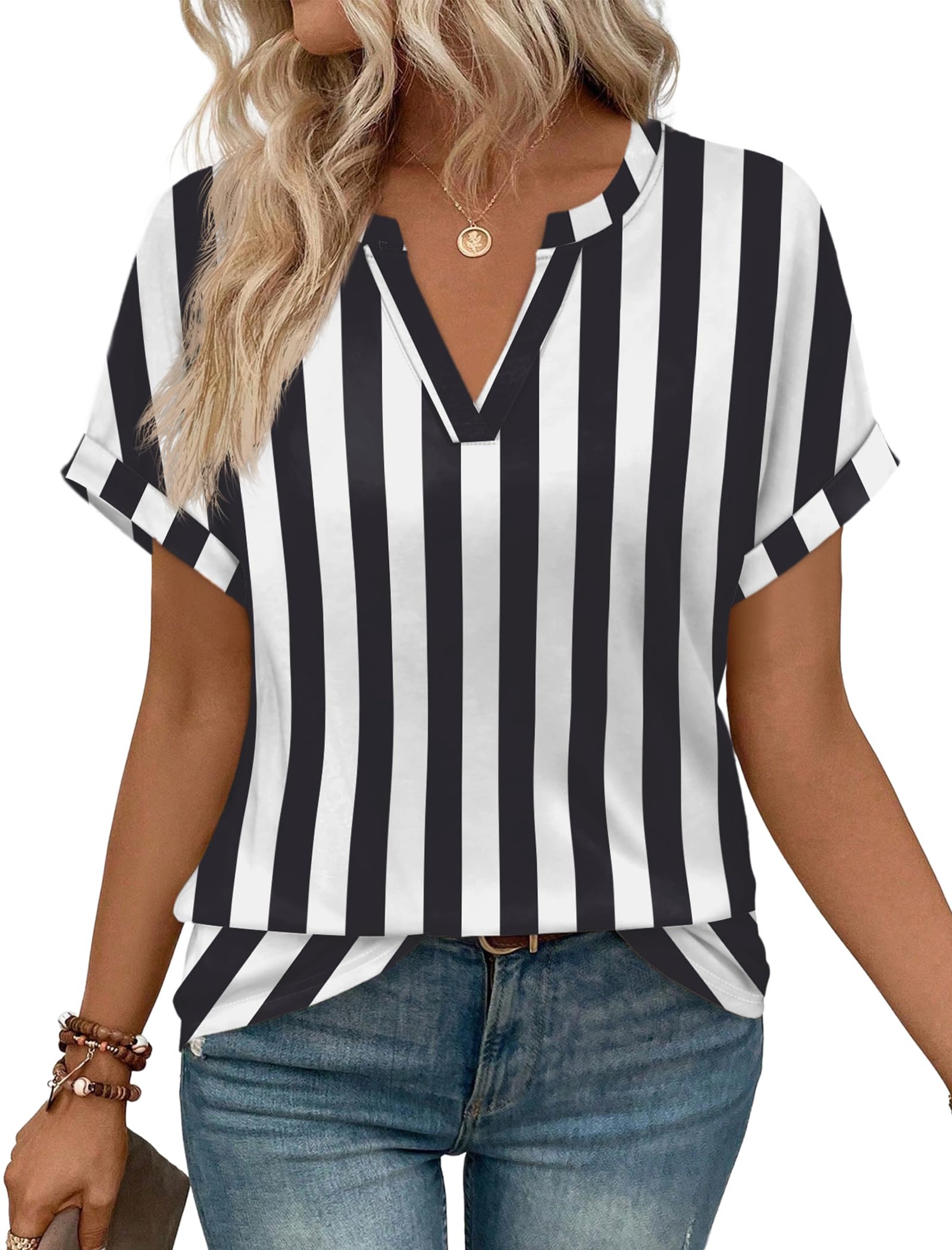 WIHOLL Womens Blouses Spring Tops Short Sleeve Shirts Dressy Casual Summer Vacation Fashion Clothing 2026 Black White Stripe S