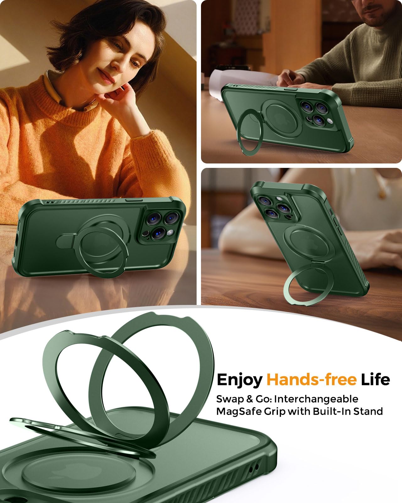 MOCCA Design for iPhone 14 Pro Case with Magnetic Invisible Stand [Full Camera Protection] [Compatible with Magsafe] Military Drop Shockproof Translucent Matte Phone Case Cover 6.1",Dark Green