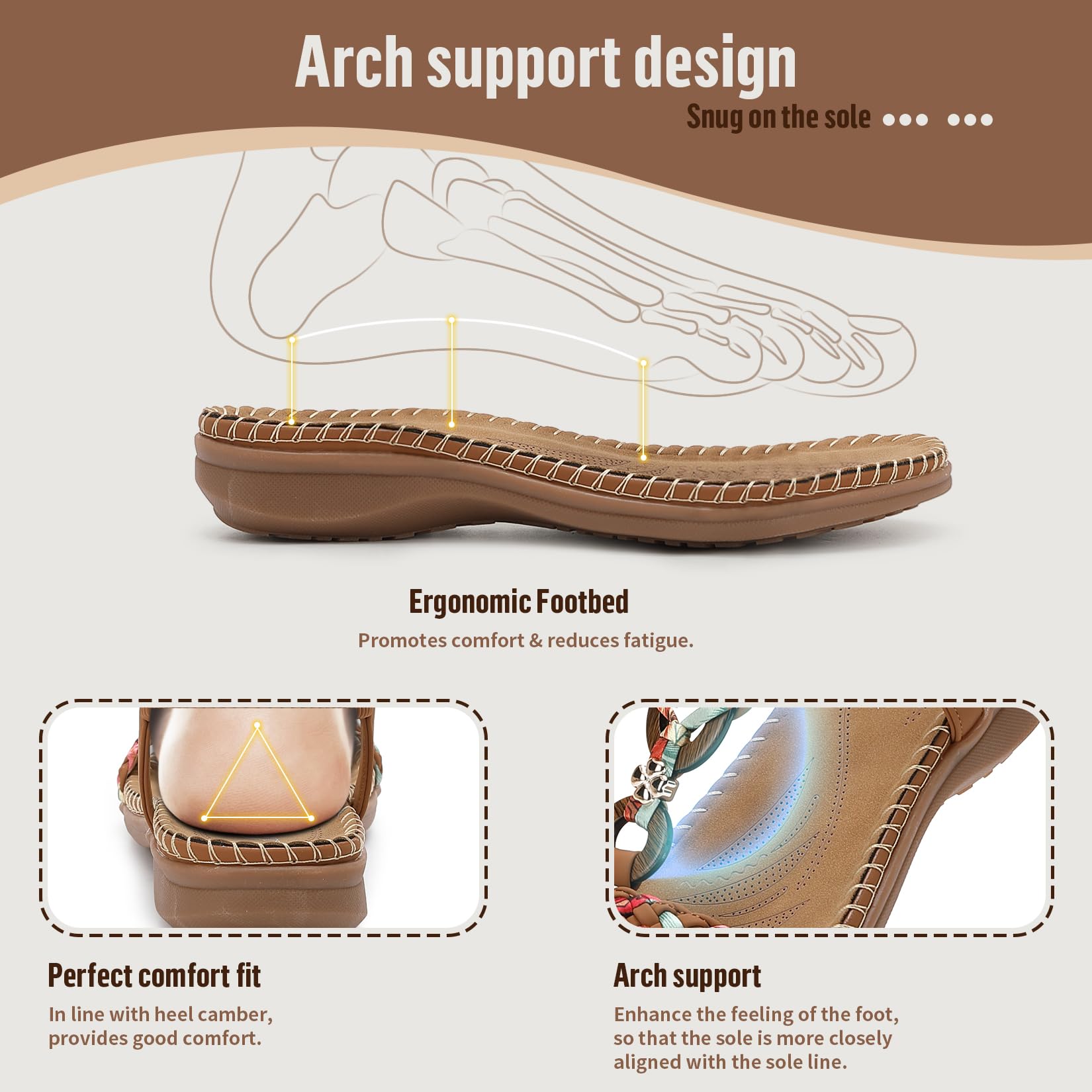 Littleplum Women Sandals Arch Support Handmade Bohemian Braided Flat Sandals Comfort Walking Beach Ankle Elastic Summer Shoes Multi Brown Size 7