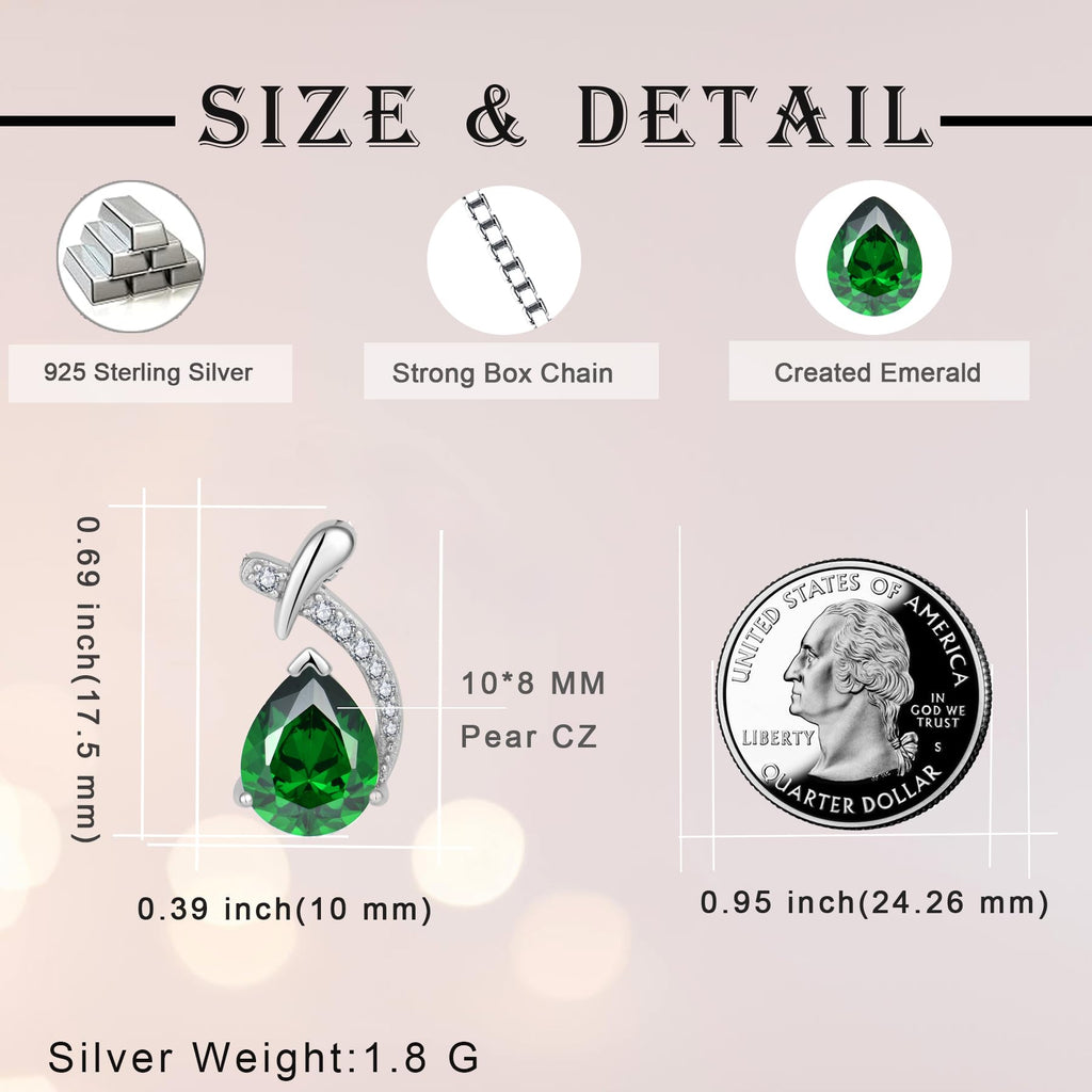 YIFSIY Teardrop Emerald Pendant Necklace for Women,925 Sterling Silver Pear Cut Green Zircon May Birthstone Necklace for Birthday Engagement Anniversary Wedding Jewelry