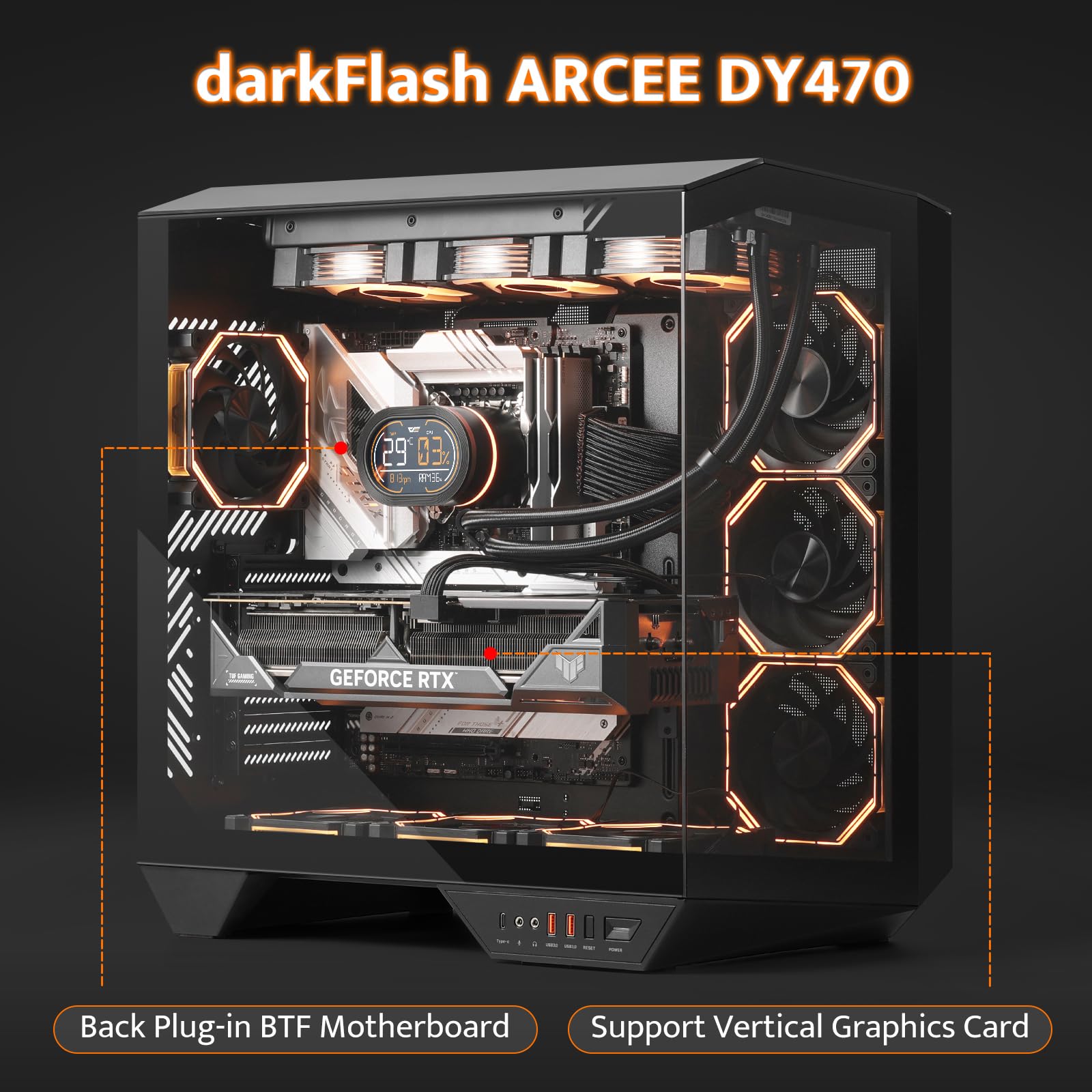 darkFlash Full-Tower ATX Gaming PC Case, Back Plug-in Motherboard, Vertical GPU Mounting, Dual-Chamber, Panoramic Glass, Up to 2 x 360mm Radiators, RTX 40 Compatible(DY470) (4 PWM ARGB Fans, Black)