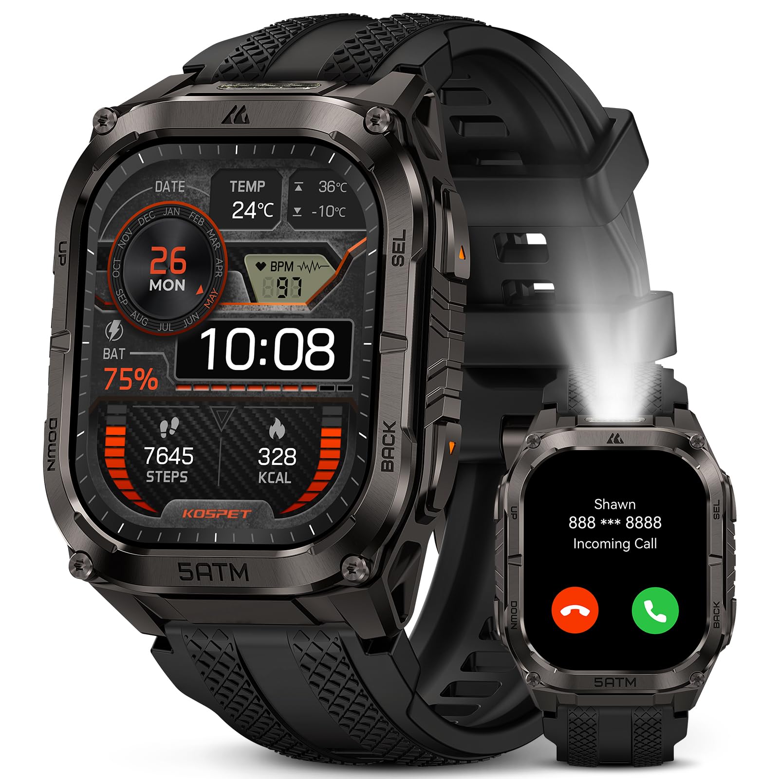 KOSPET Tank M4C Outdoor Smart Watch with GPS, 1.96" AMOLED Display, Built-in LED Flashlight & Walkie-Talkie, Long Battery Life, 50m Waterproof, Bluetooth Calls, 24/7 Heart Rate/Sleep Monitor