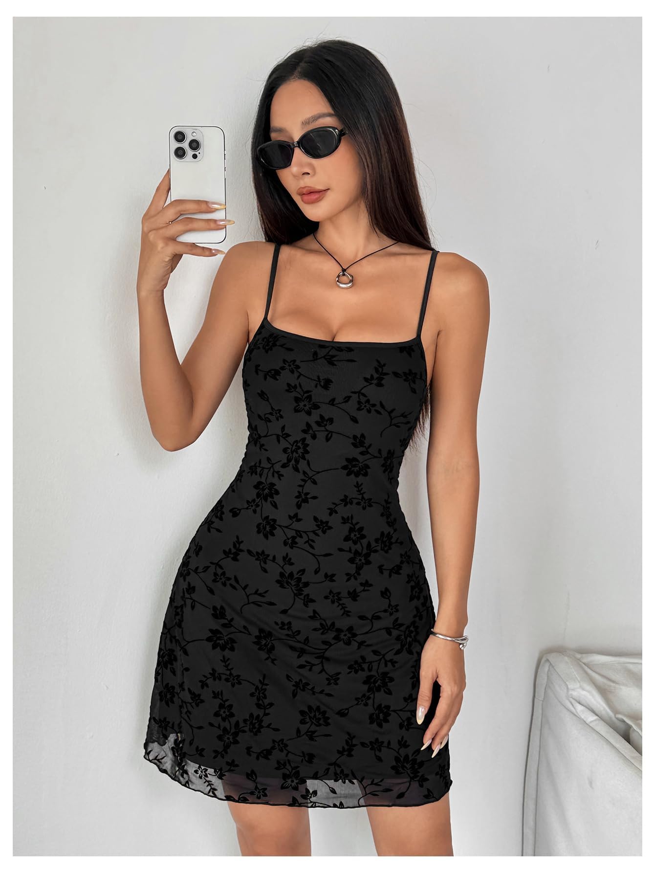 Verdusa Women's Mini Dress Floral Spaghetti Strap Mesh Short Dresses Going Out Sundress Y2k Gothic Clothes Dark Black Medium