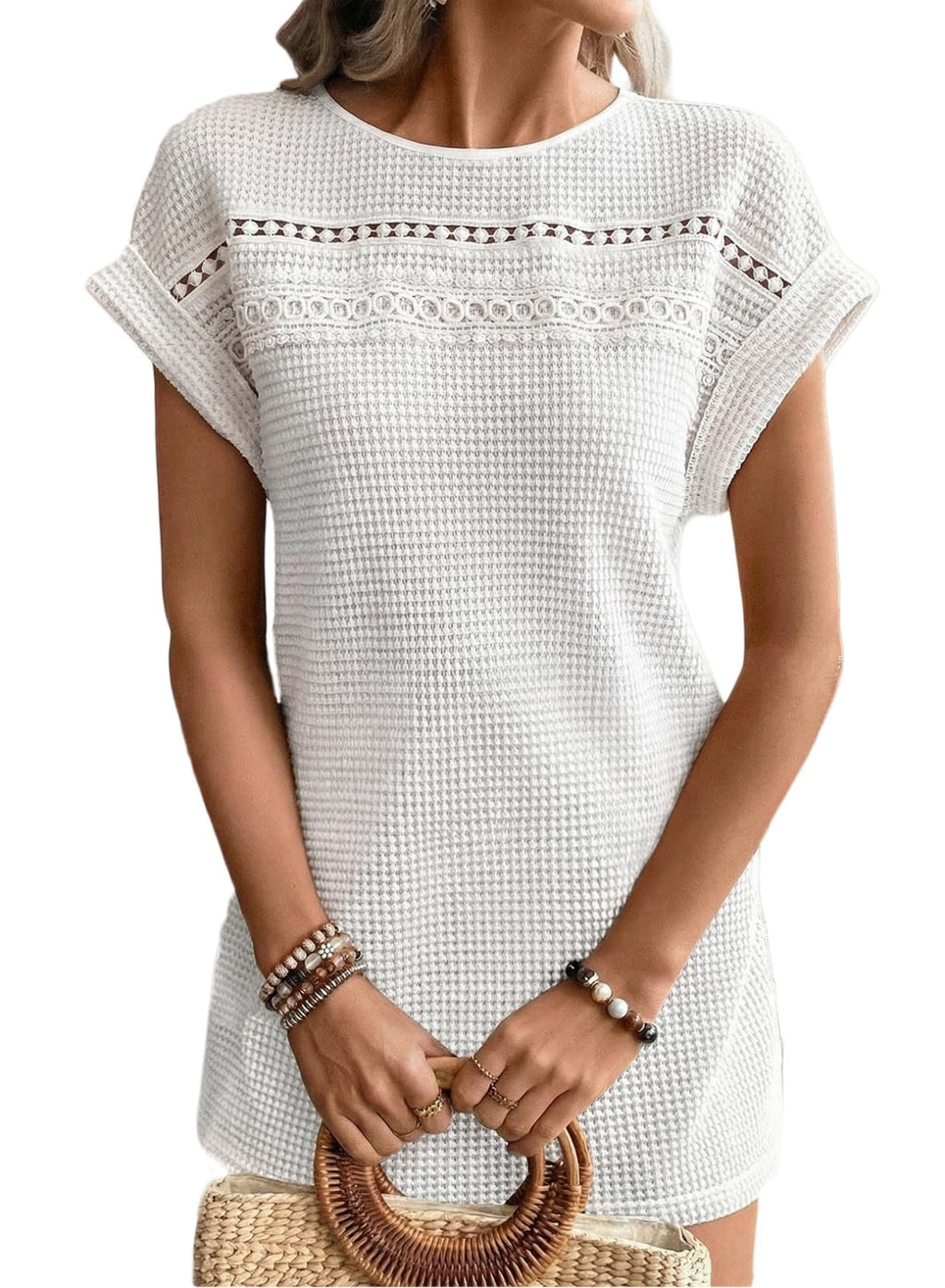 Acelitt Womens Summer 2026 Waffle Knit Short Sleeve Crewneck Beach Cover Up Crochet Eyelet Lace Swim Coverup Dress White Medium